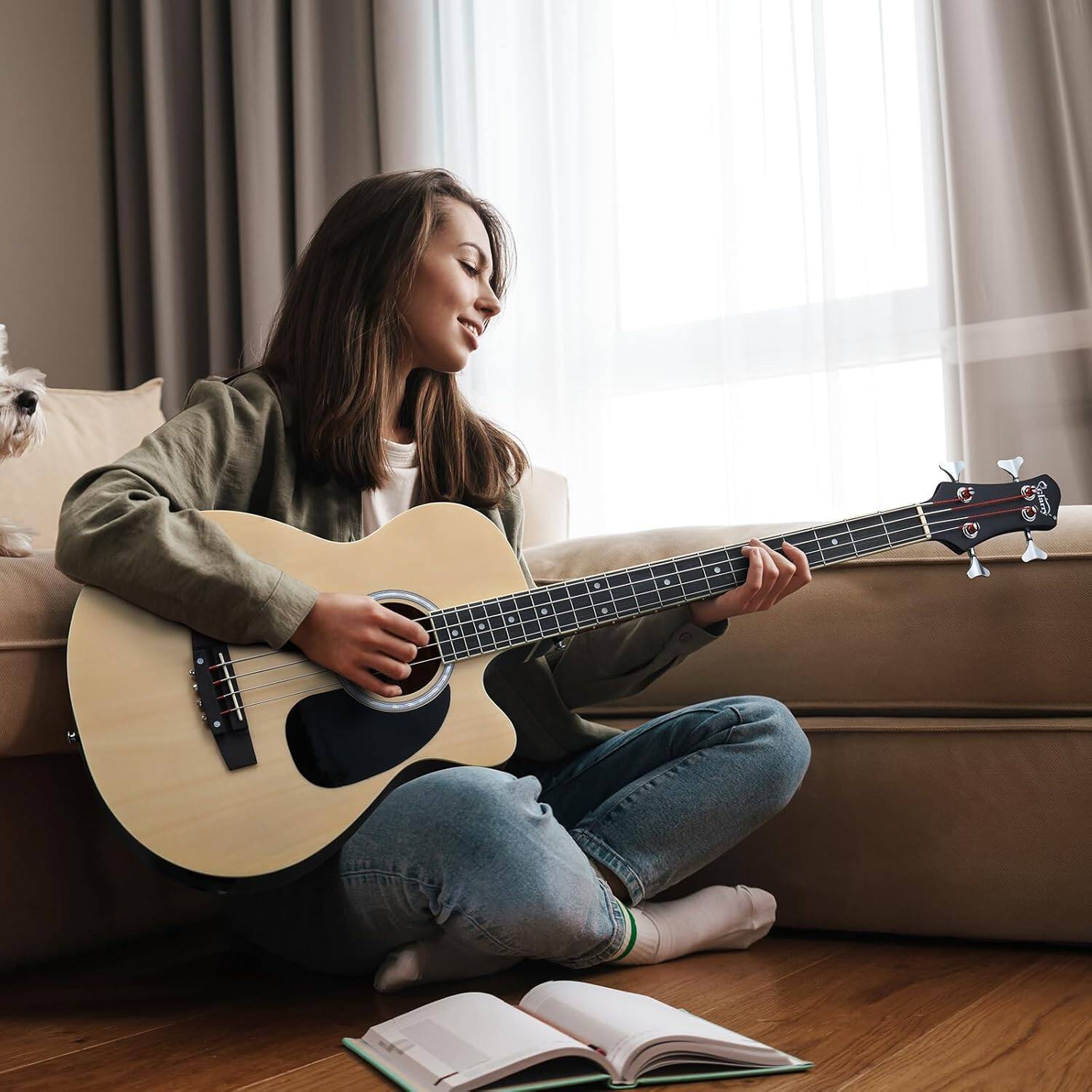 Angle. Winado - Full Size Acoustic Electric Bass Guitar Beginner Kit w/ 15W Amp,Cutaway 4 Strings Electric Acoustic Bass Guitar.