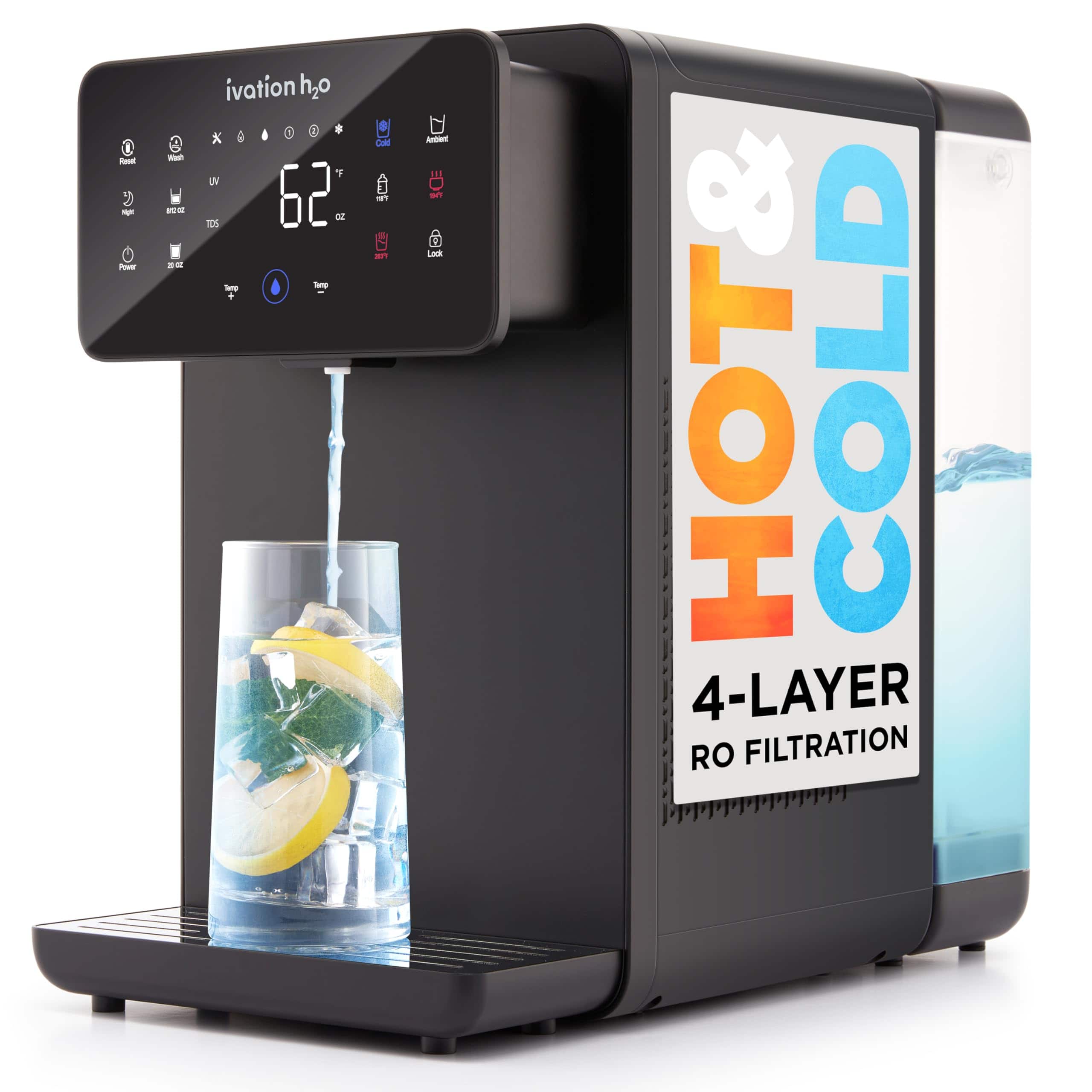 Ivation - Reverse Osmosis Water Filter, Hot & Cold Dispenser, 4-Stage RO, 6 Temp Presets - Black