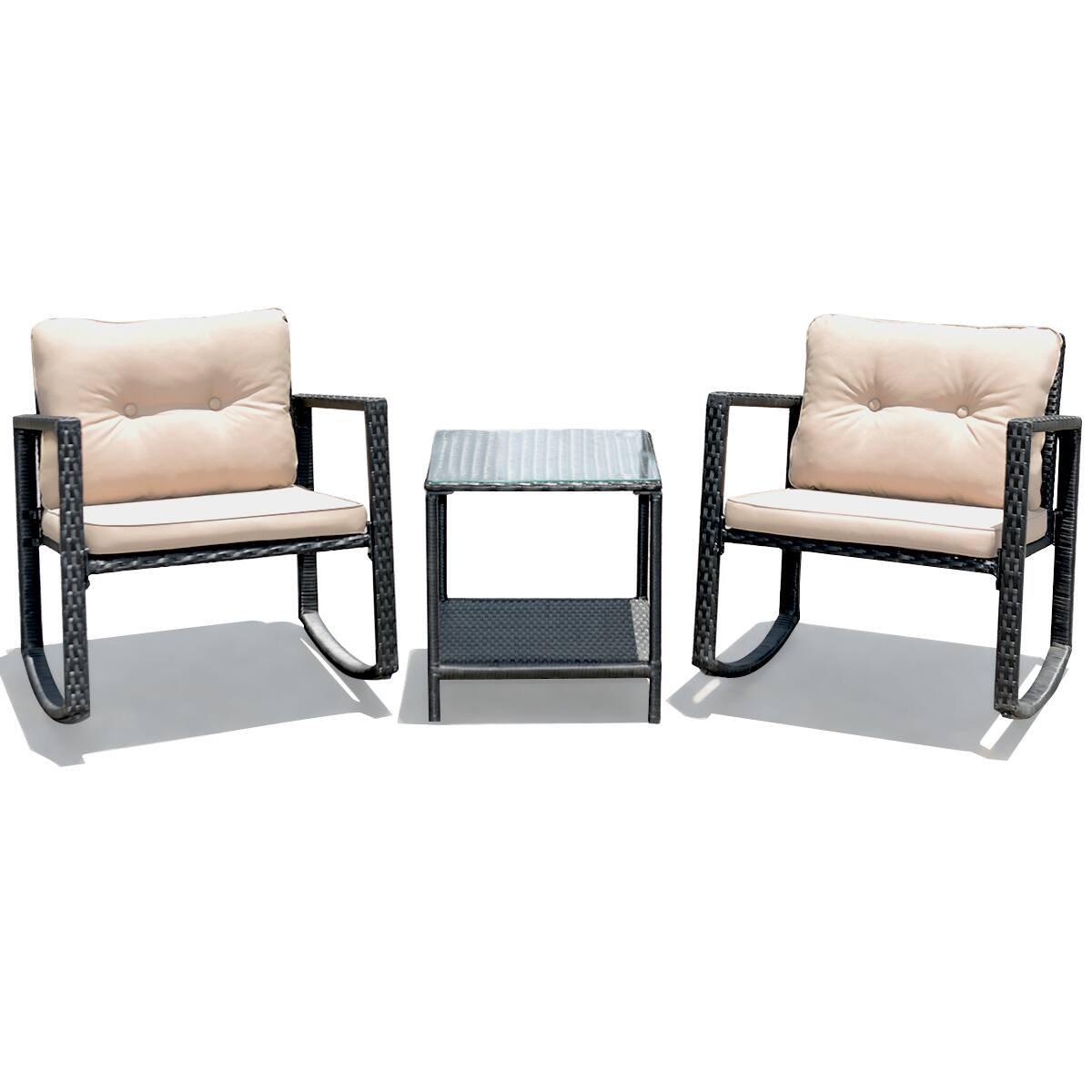 Angle. Costway - 3PC Patio Rattan Conversation Set Rocking Chair Cushioned Sofa Garden Furniture - Black,Beige.