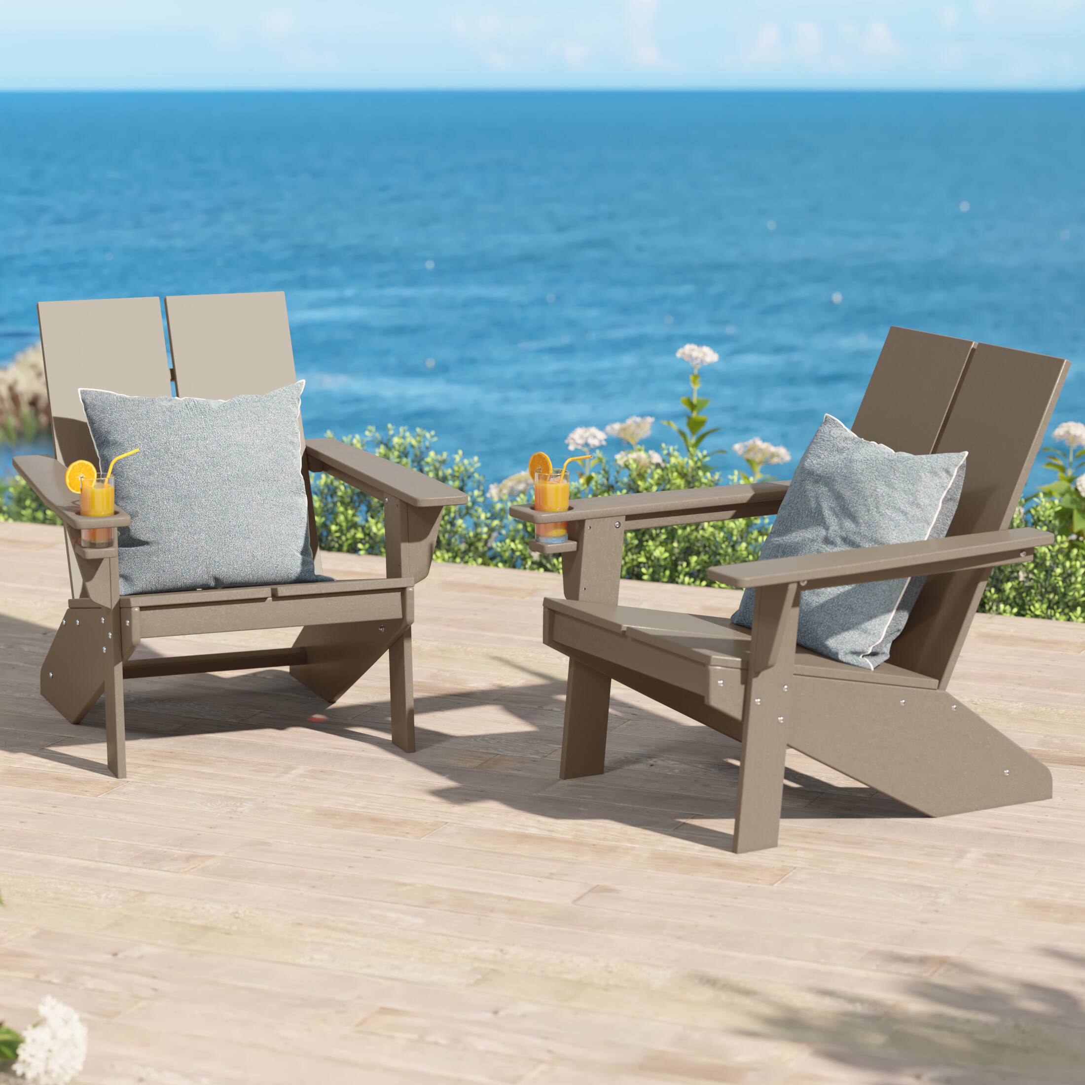 Angle. WestinTrends - WestinTrends Riviera Outdoor HDPE Modern Adirondack Chair with Cup Holder (Set of 2) - Weathered Wood.