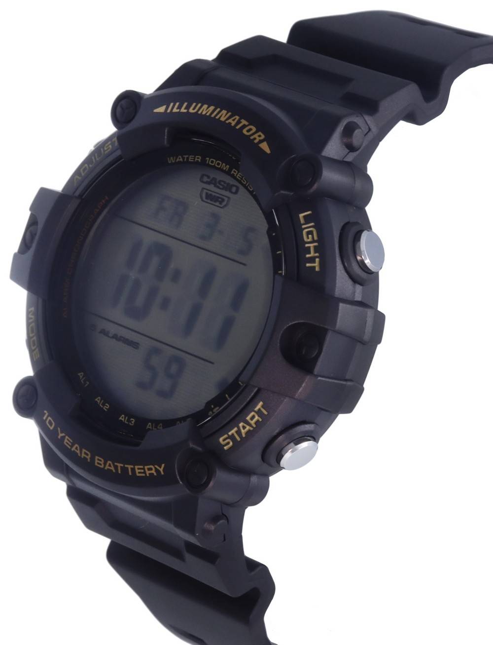 ILLUMINATOR  
ADJUST  
WATER 100M RESIST  
CASIO  
WR  
LIGHT  
FR 3-5  
10:18  
AL1 59  
AL2 10  
AL3  
AL4  
START  
YEAR BATTERY