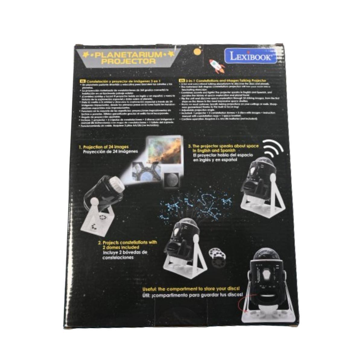 PLANETARIUM PROJECTOR  
LEXIBOOK  
Constelación y proyector de imágenes 3 en 1  
1. Proyección de 24 imágenes  
2. Proyecta constelaciones con 2 domos incluidos  
3. El proyector habla del espacio en inglés y español  

Useful: compartimento para guardar tus discos!