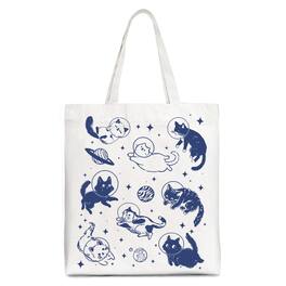OrnamentallyYou - Cats in Space Retro Canvas Tote Bag, Funny Astronaut Kitty Gift Bag with Cosmic Vibes - White