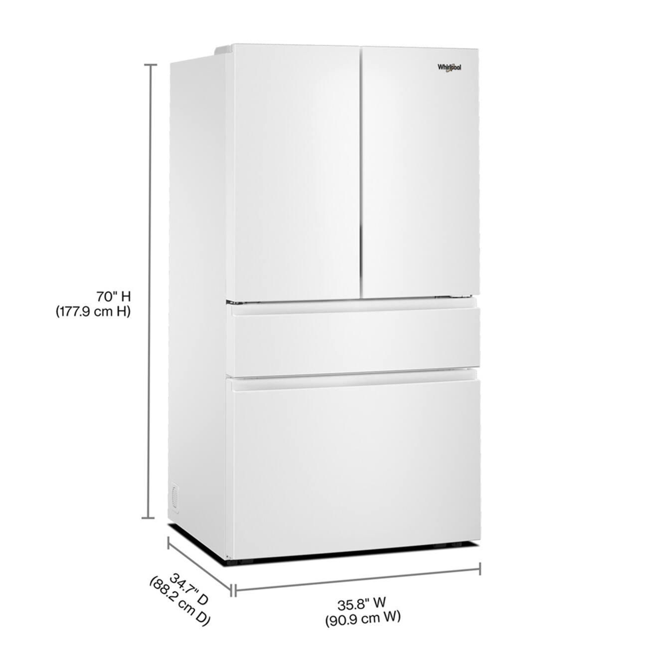 Whirlpool 70" H (177.9 cm H) 34.7" D (88.2 cm D) 35.8" W (90.9 cm W)