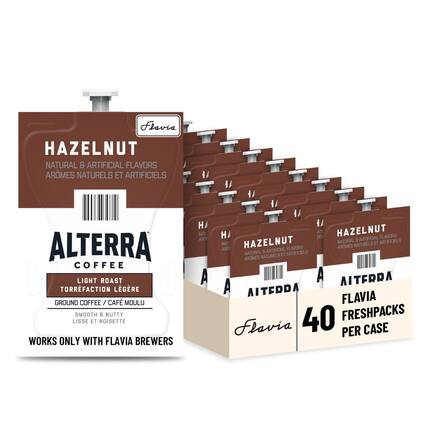 Flavia HAZELNUT NATURAL & ARTIFICIAL FLAVORS AROMES NATURELS ET ARTIFICIELS ALTERRA COFFEE LIGHT ROAST TORREFACTION LÉGÈRE GROUND COFFEE / CAFÉ MOULU SMOOTH & NUTTY LISSE ET NOISETTE WORKS ONLY WITH FLAVIA BREWERS
40 FRESHPACKS PER CASE