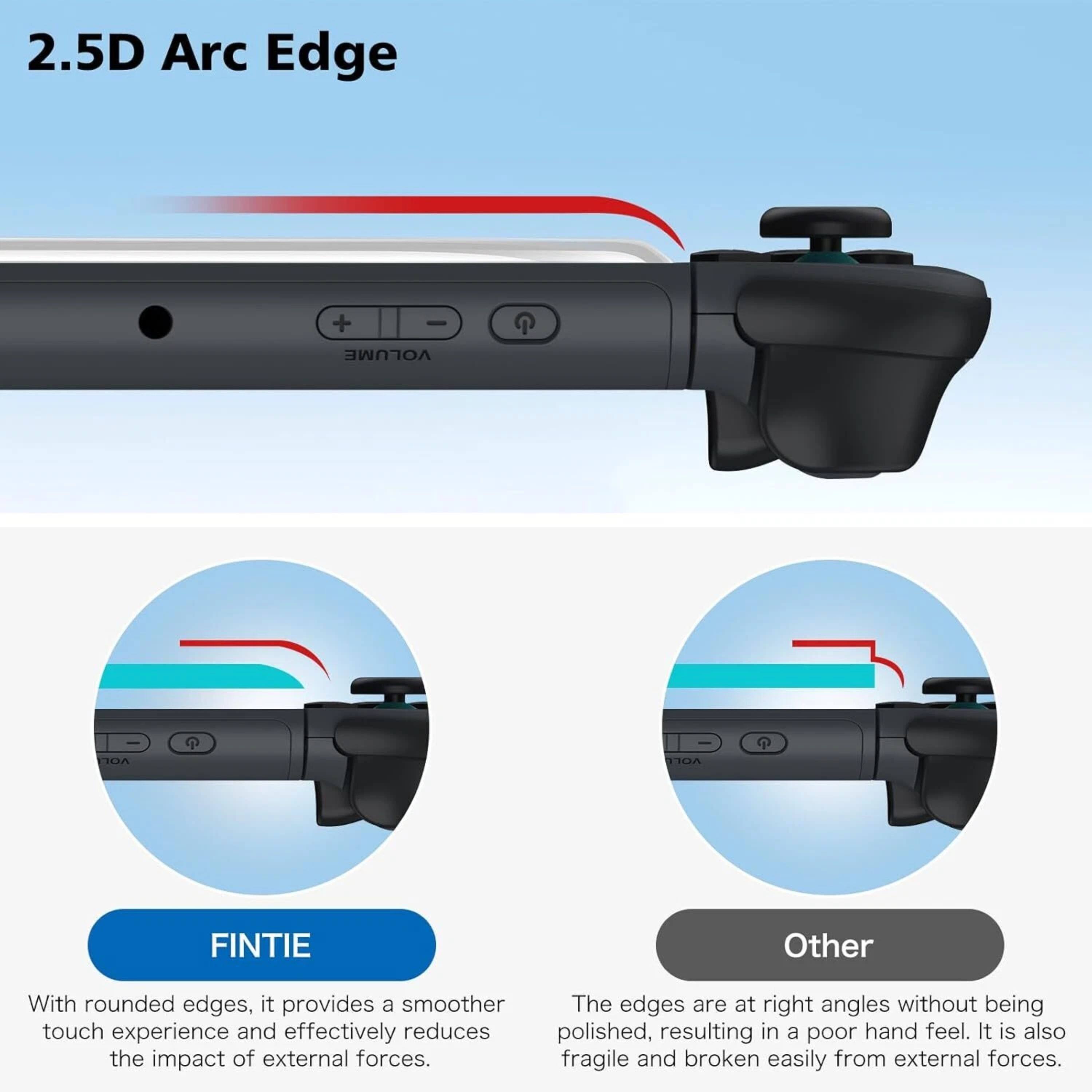 2.5D Arc Edge + VOLUME

FINTIE
With rounded edges, it provides a smoother touch experience and effectively reduces the impact of external forces.

Other
The edges are at right angles without being polished, resulting in a poor hand feel. It is also fragile and broken easily from external forces.