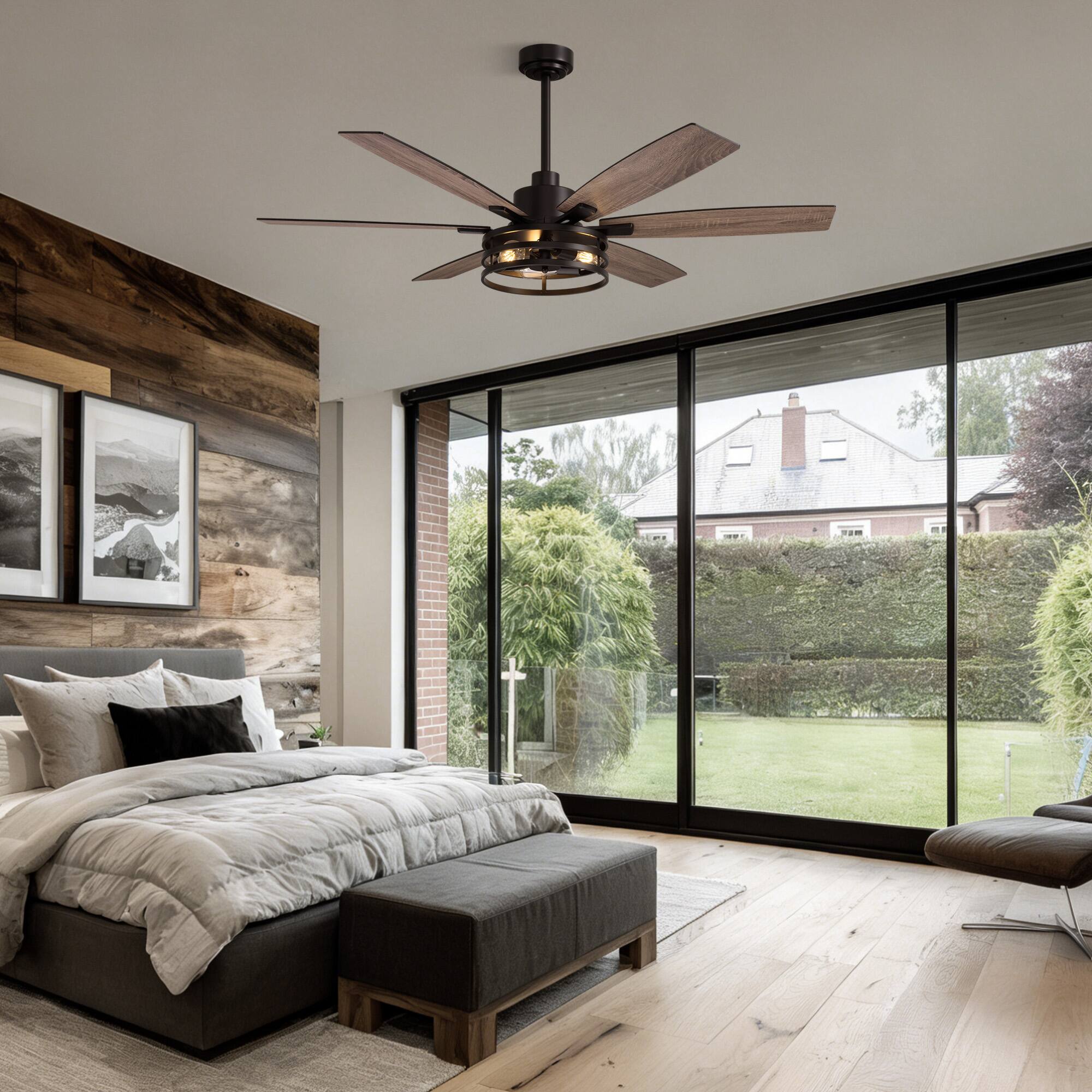 Left. Siljoy - 60-Inch Matte Black Farmhouse Cage Ceiling Fan with Light 6 Big Dual Color Blades for Living Room Bedroom Kitchen Patio - Black.