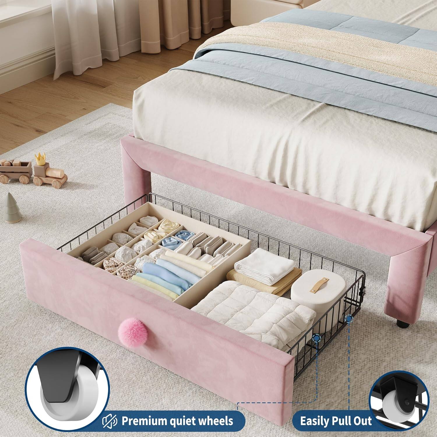 Premium quiet wheels  
Easily Pull Out