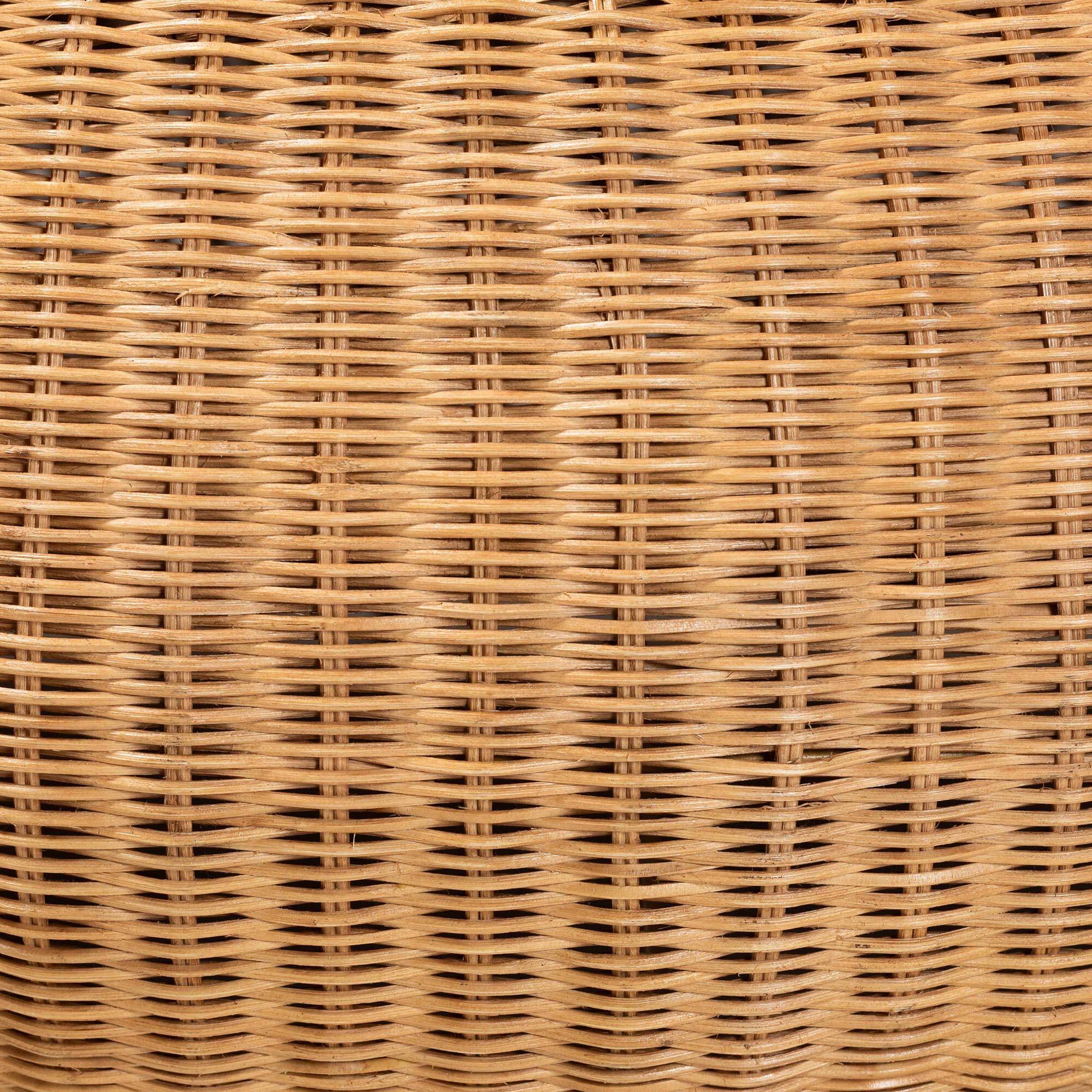 Back. bali & pari - Beatriz Natural Rattan Coffee Table : Handwoven Wicker Accent Table with Sculptural Drum Silhouette and Round Tabletop - Light Honey.