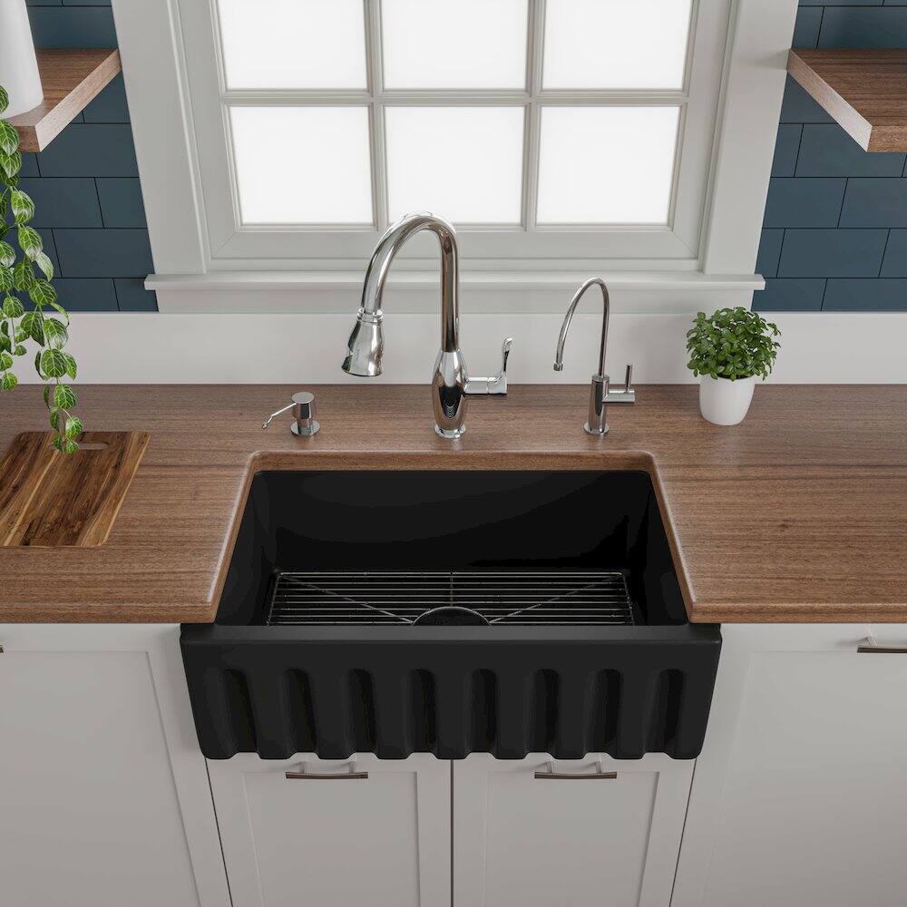 Alt View 6. Alfi - ALFI brand 30 Black Matte Reversible Smooth / Fluted Single Bowl Fireclay Farm Sink - Black.