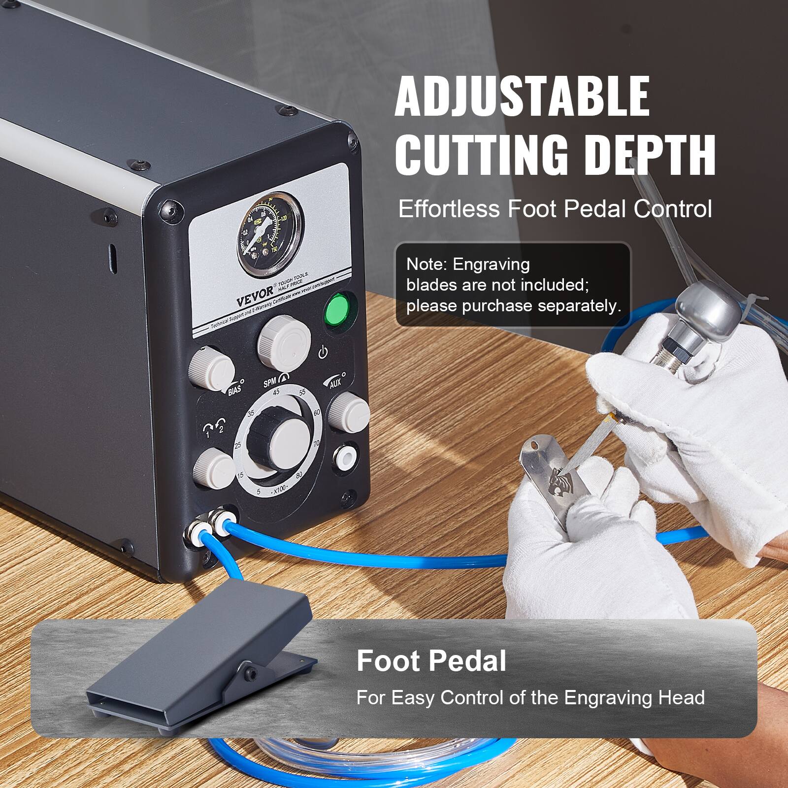 ADJUSTABLE CUTTING DEPTH  
Effortless Foot Pedal Control  

Note: Engraving blades are not included; please purchase separately.  

Foot Pedal  
For Easy Control of the Engraving Head