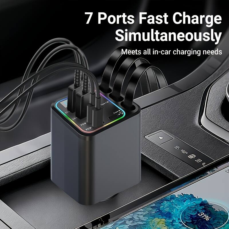 7 Ports Fast Charge Simultaneously  
Meets all in-car charging needs