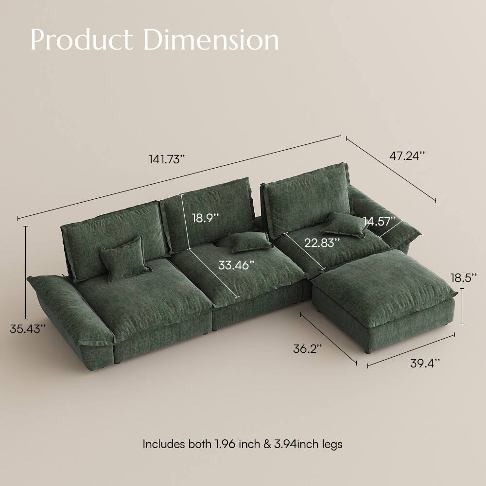 Product Dimension

141.73"
47.24"
18.9"
14.57"
22.83"
33.46"
18.5"
35.43"
36.2"
39.4"

Includes both 1.96 inch & 3.94 inch legs