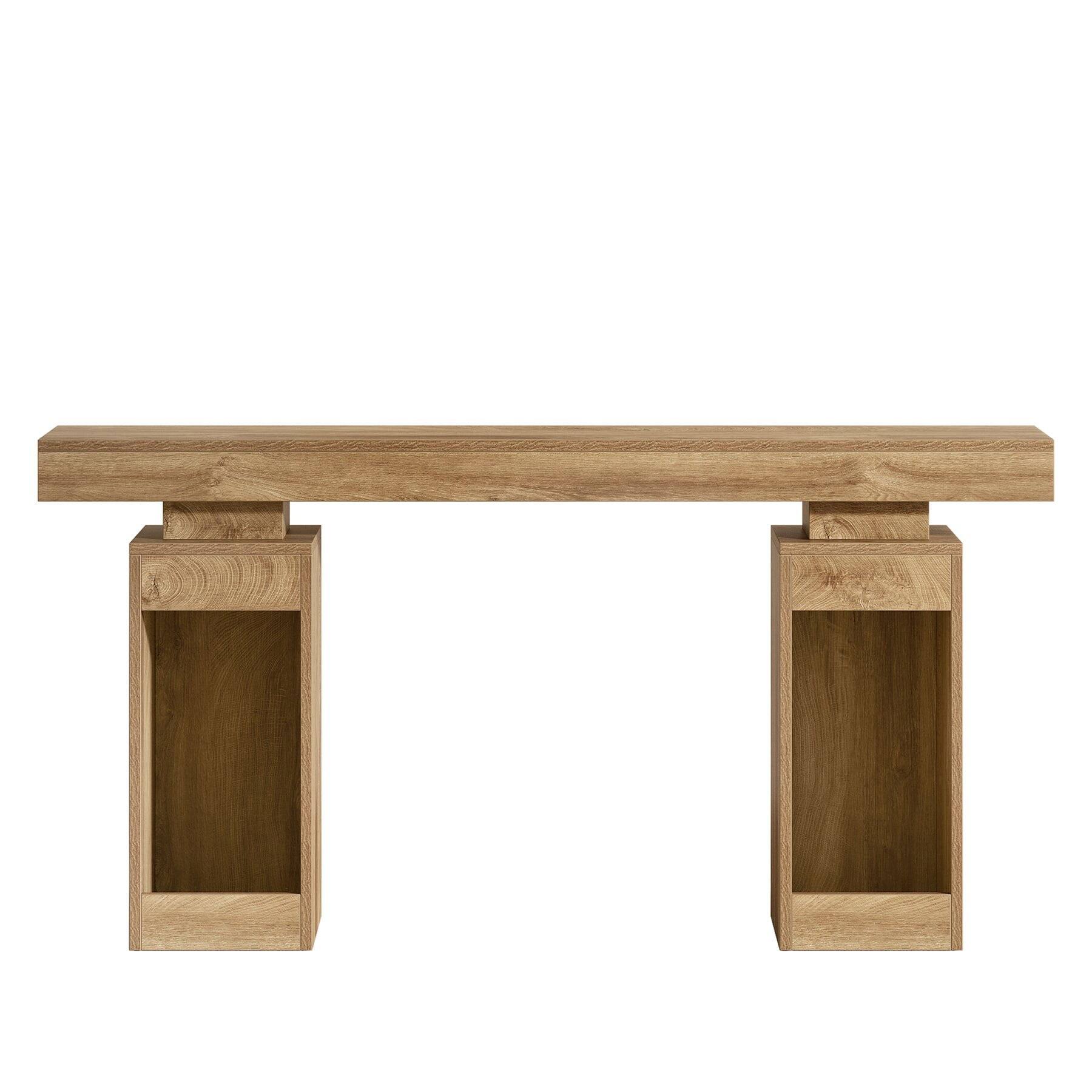 Left. Kadyn - Geometric Base Console Table - Minimalist Sofa Side Table, Natural Wood Living Room Accessory, Entryway Decor, Brown - Brown.