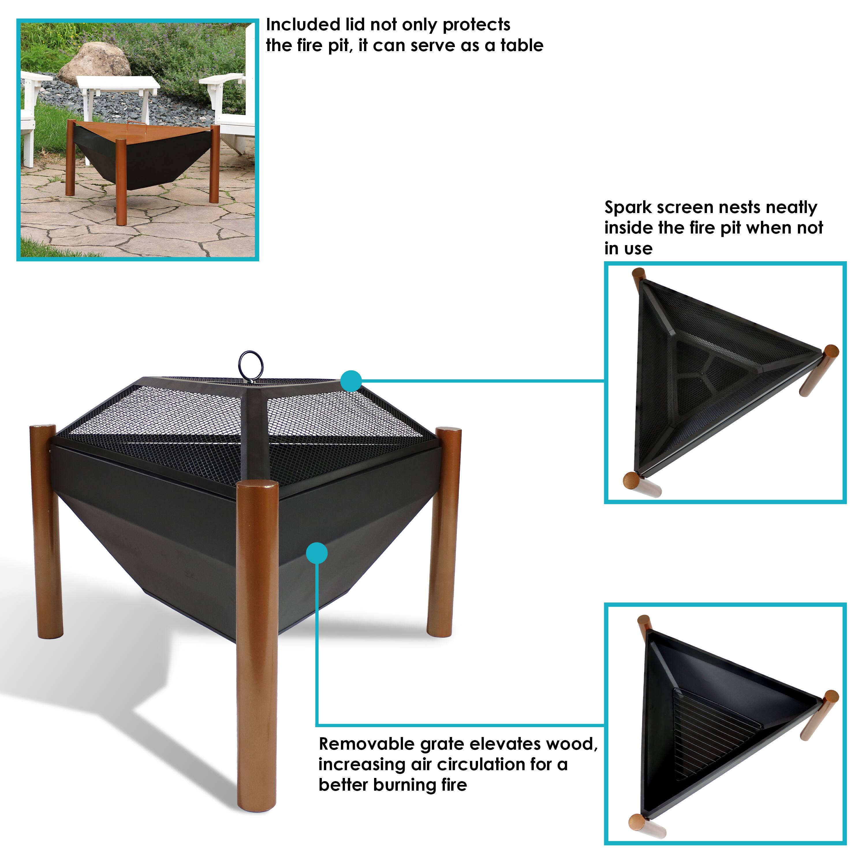 - Included lid not only protects the fire pit, it can serve as a table
- Spark screen nests neatly inside the fire pit when not in use
- Removable grate elevates wood, increasing air circulation for a better burning fire