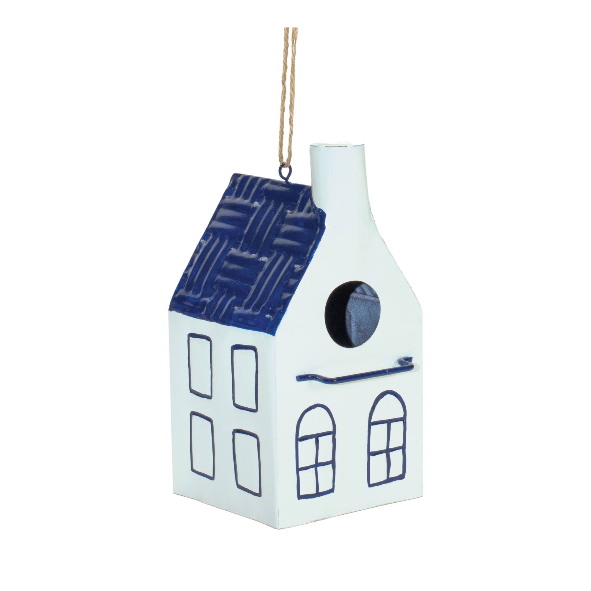 Angle. BreeBe - Hanging Metal Bird House Garden Decor (Set of 3) - Blue, White, Green.