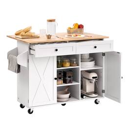 VEVOR - Kitchen Island Cart, with Solid Wood Top and Storage Cabinet, Rolling Table with Drop Leaf, Drawers, Spice Towel Rack - White