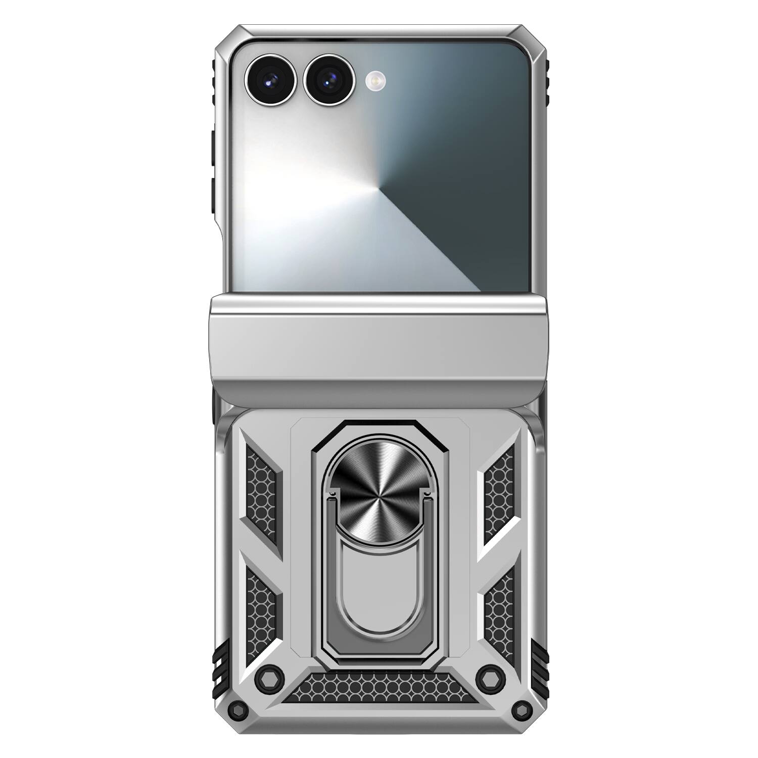 Alt View 2. Dteck - For Samsung Galaxy Z Flip 7 Heavy Duty Rugged Case Shockproof Ring Kickstand Hinge Protection Cover Magnetic Car Mount - Silver.