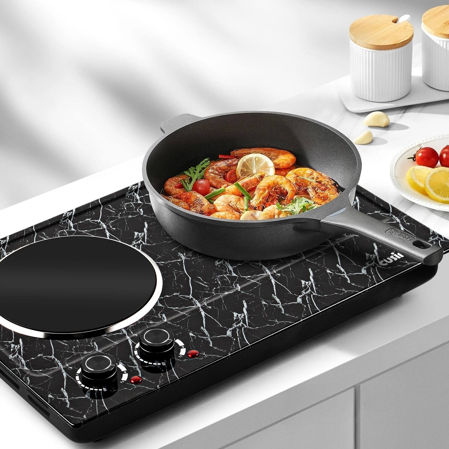 Angle. Cusimax - 1800W Double Burner Electric Hot Plate, Infrared Ceramic Glass Cooktop, Portable Countertop Stove For home Apt Dorm - Black Marble.