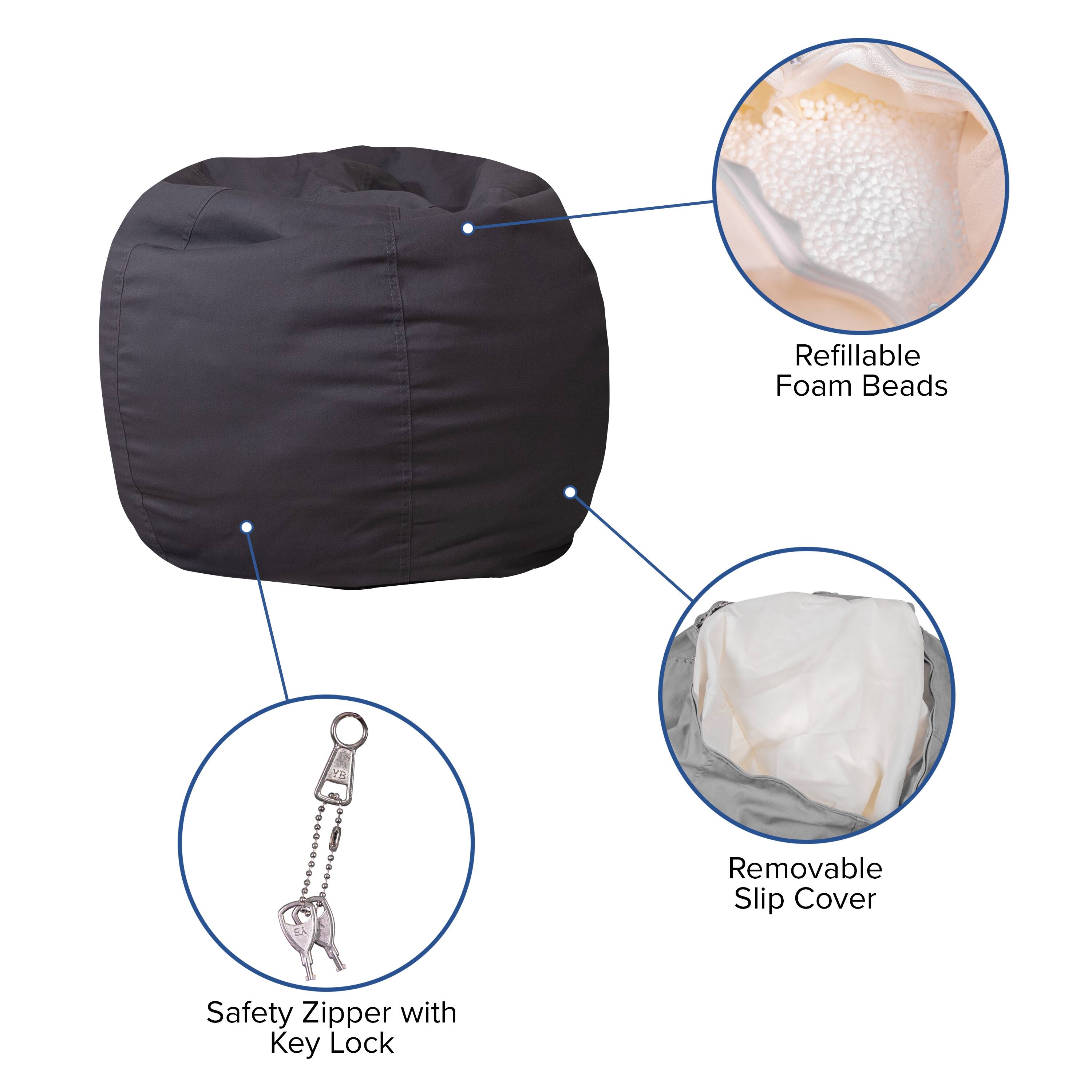 Refillable Foam Beads  
Removable Slip Cover  
Safety Zipper with Key Lock