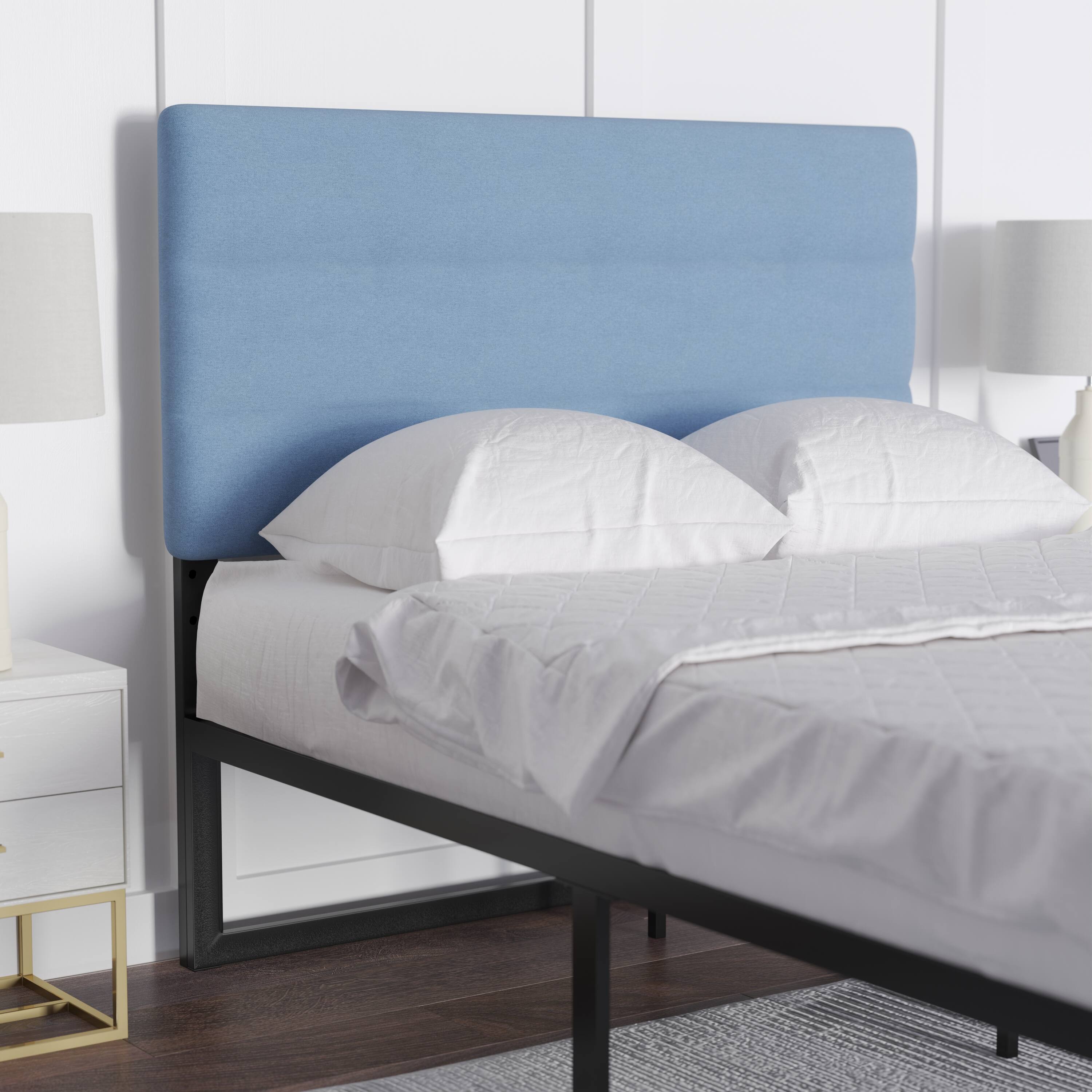 Alt View 2. Emma + Oliver - Gannon Modern Upholstered Headboard with Horizontal Line Stitching and Adjustable Height Rails - Blue.