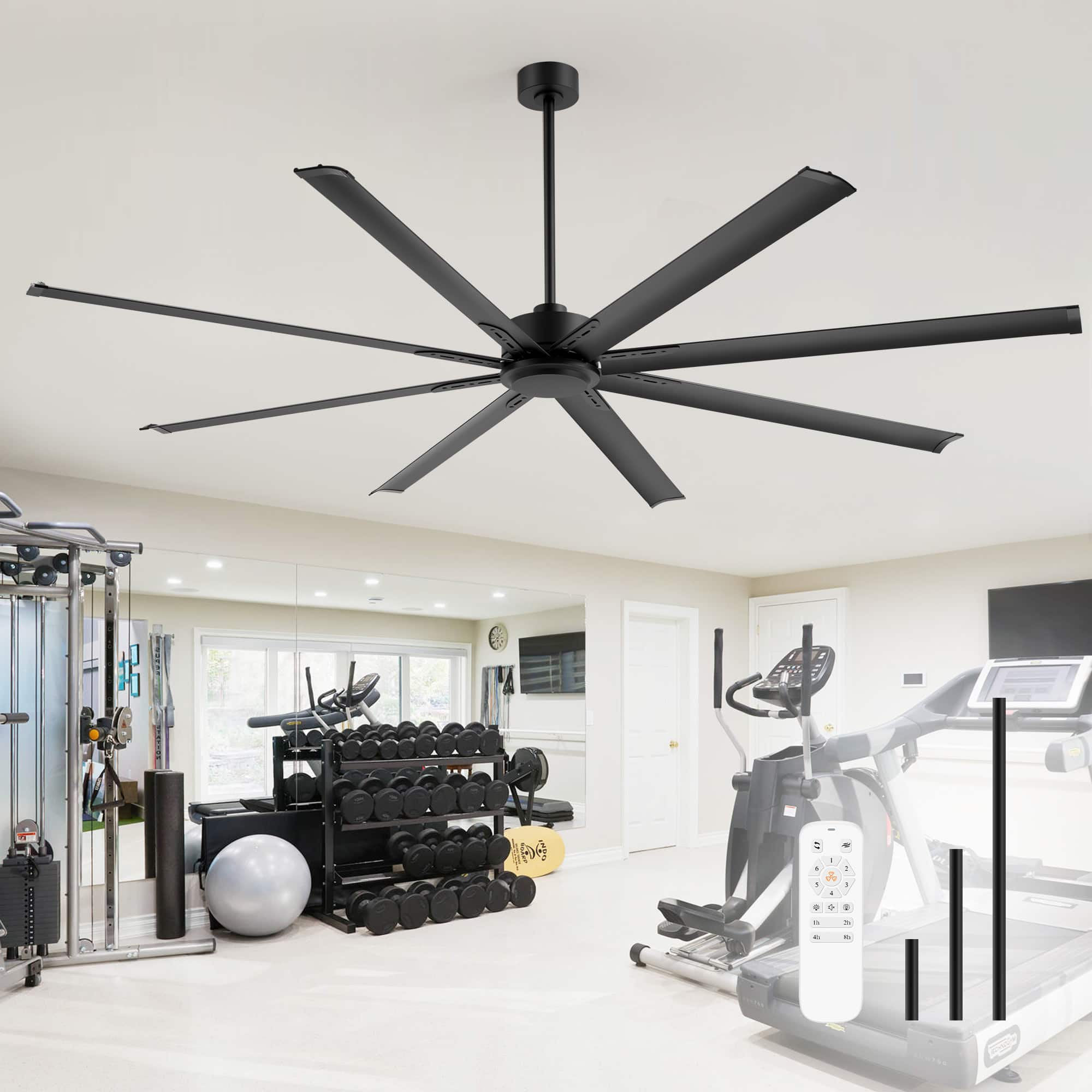 Front. Breezary - 84/96/120 Inch Extra Large HVLS Commercial Ceiling Fan, No Light, Aluminum Blades, DC Motor, Remote, 3 Downrods Included - 84-in Black.