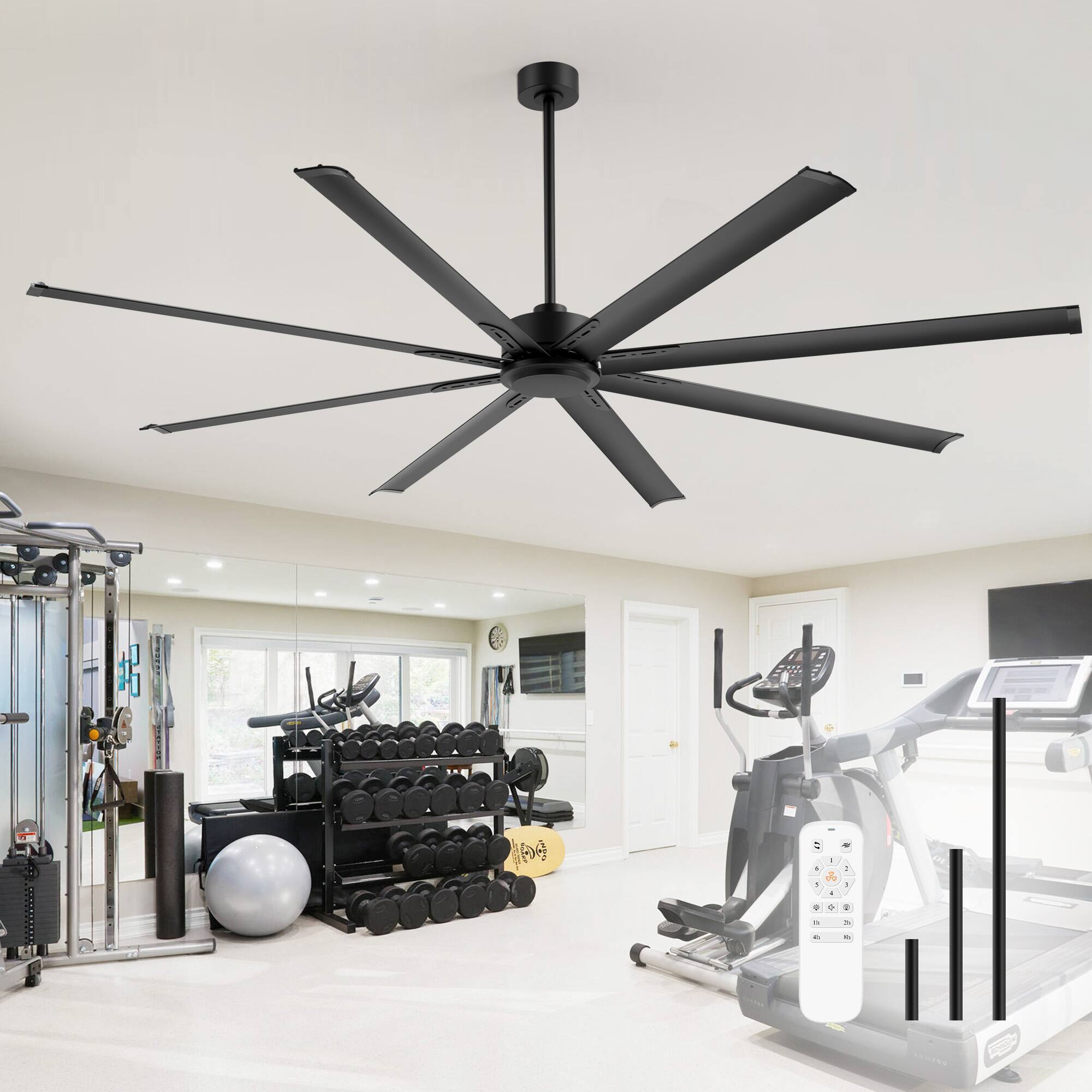 Front. Breezary - 84/96/120 Inch Extra Large HVLS Commercial Ceiling Fan, No Light, Aluminum Blades, DC Motor, Remote, 3 Downrods Included - 84-in Black.