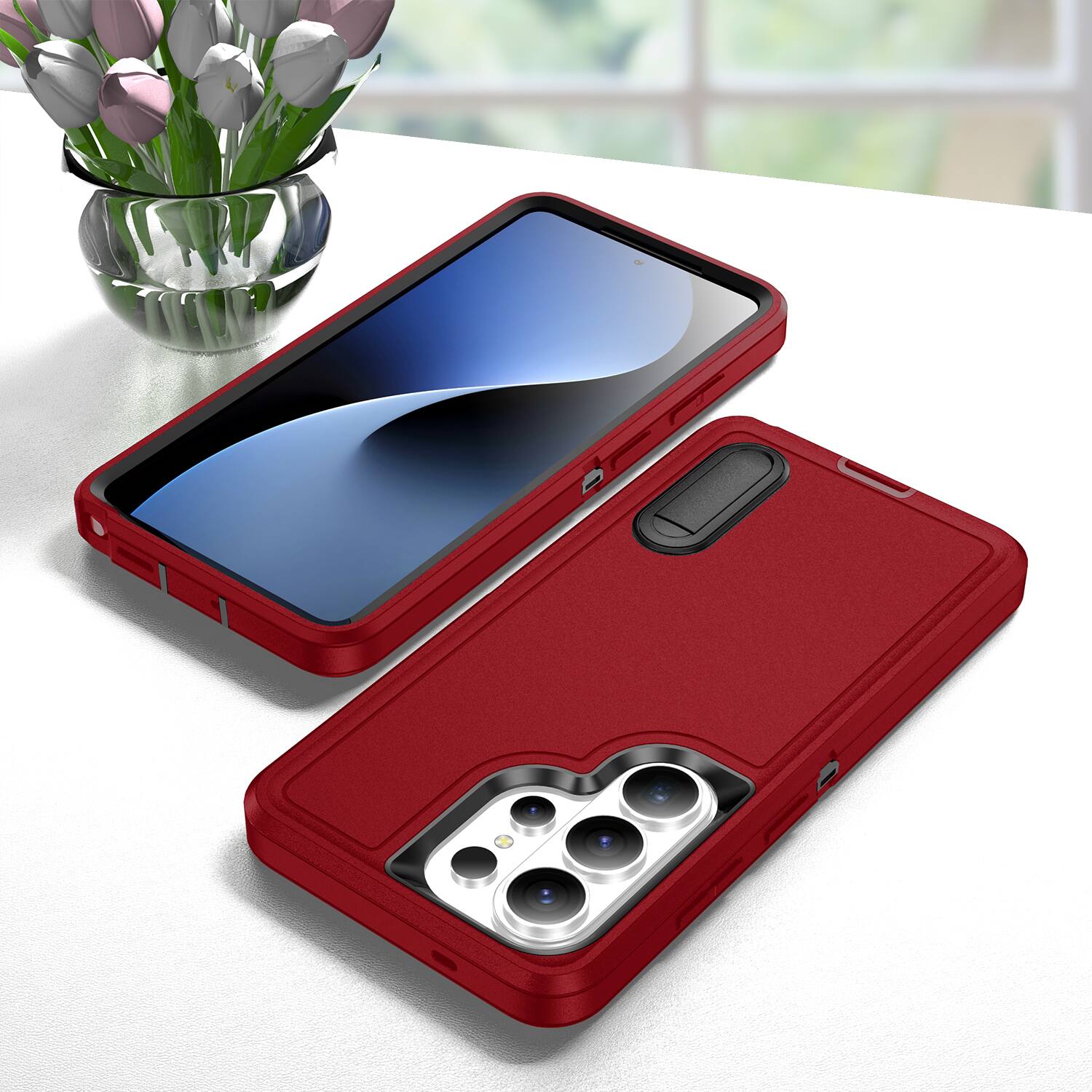 Alt View 3. Dteck - Heavy Duty Case for Samsung Galaxy S26 Ultra w/ Foldable Kickstand,Dual-Layer Shockproof Hard PC Soft Silicone Cover - Red/Black.