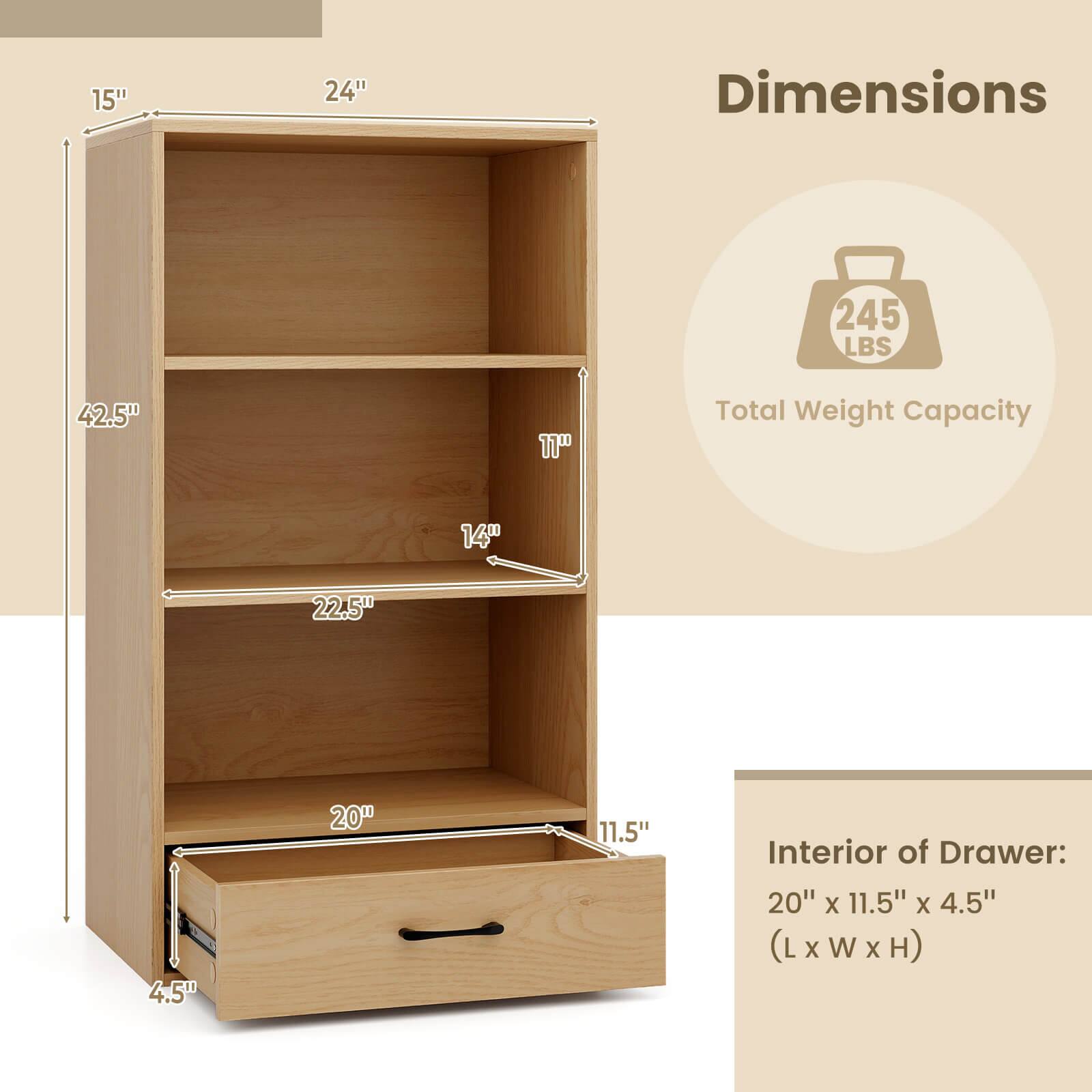 Dimensions: 24" x 15" x 42.5" x 11"

Total Weight Capacity: 245 LBS

Interior of Drawer: 20" x 11.5" x 4.5" (L x W x H)