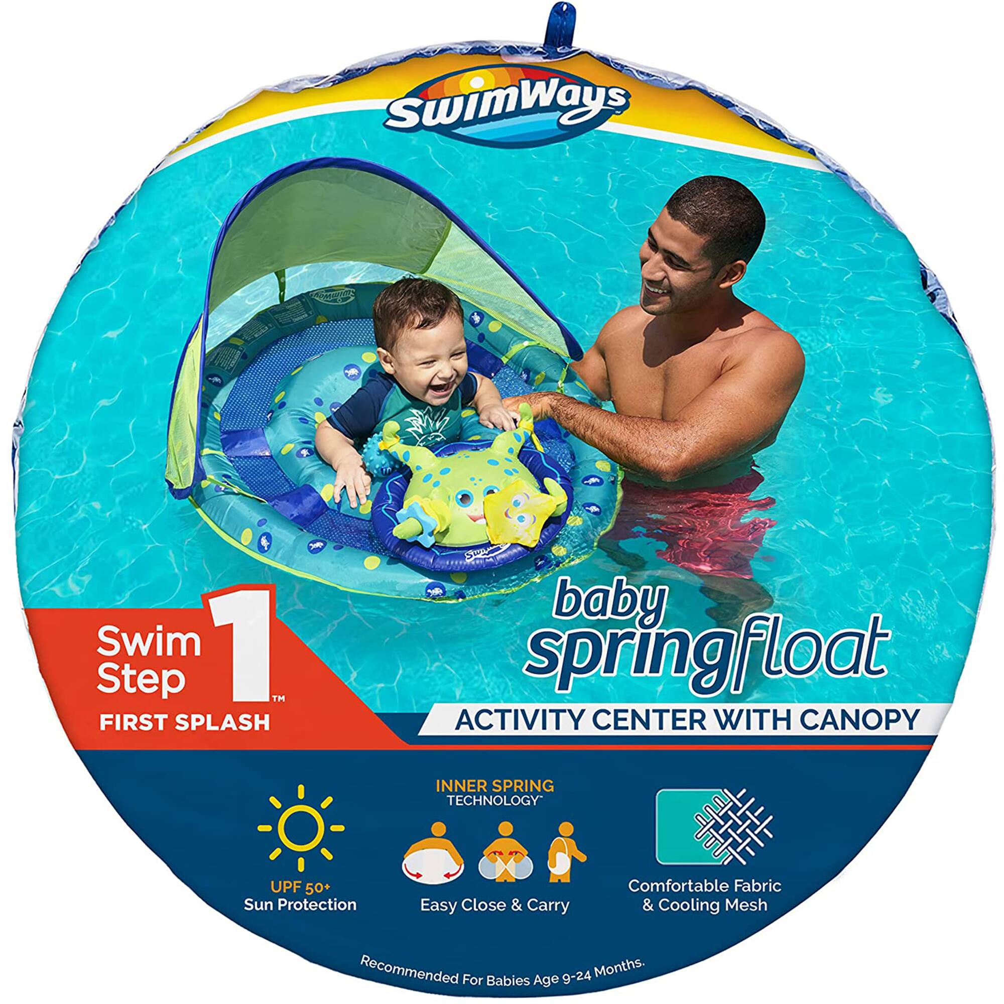 SwimWays Swim 1 Step I FIRST SPLASH baby springfloat ACTIVITY CENTER WITH CANOPY INNER SPRING TECHNOLOGY UPF 50+ Sun Protection Easy Close & Carry Comfortable Fabric & Cooling Mesh Recommended For Babies Age 9-24 Months.