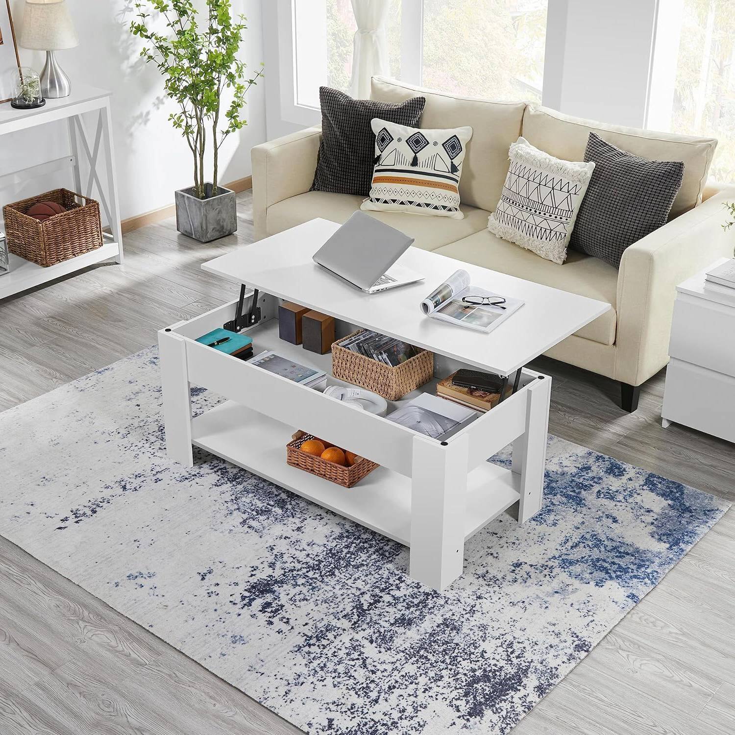 Left. Hivvago - Lift-Top Coffee Table Laptop Desk TV Tray in White Wood Finish - white.