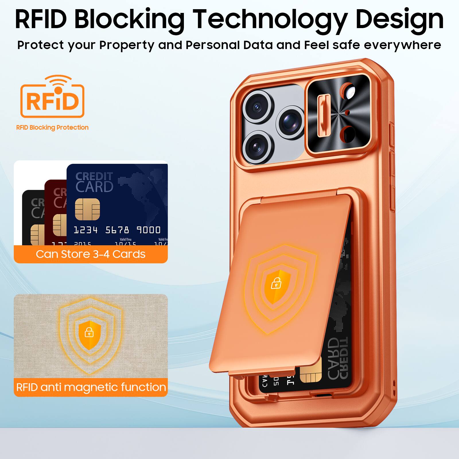 RFID Blocking Technology Design  
Protect your Property and Personal Data and Feel safe everywhere  

RFID Blocking Protection  

Can Store 3-4 Cards  

RFID anti magnetic function