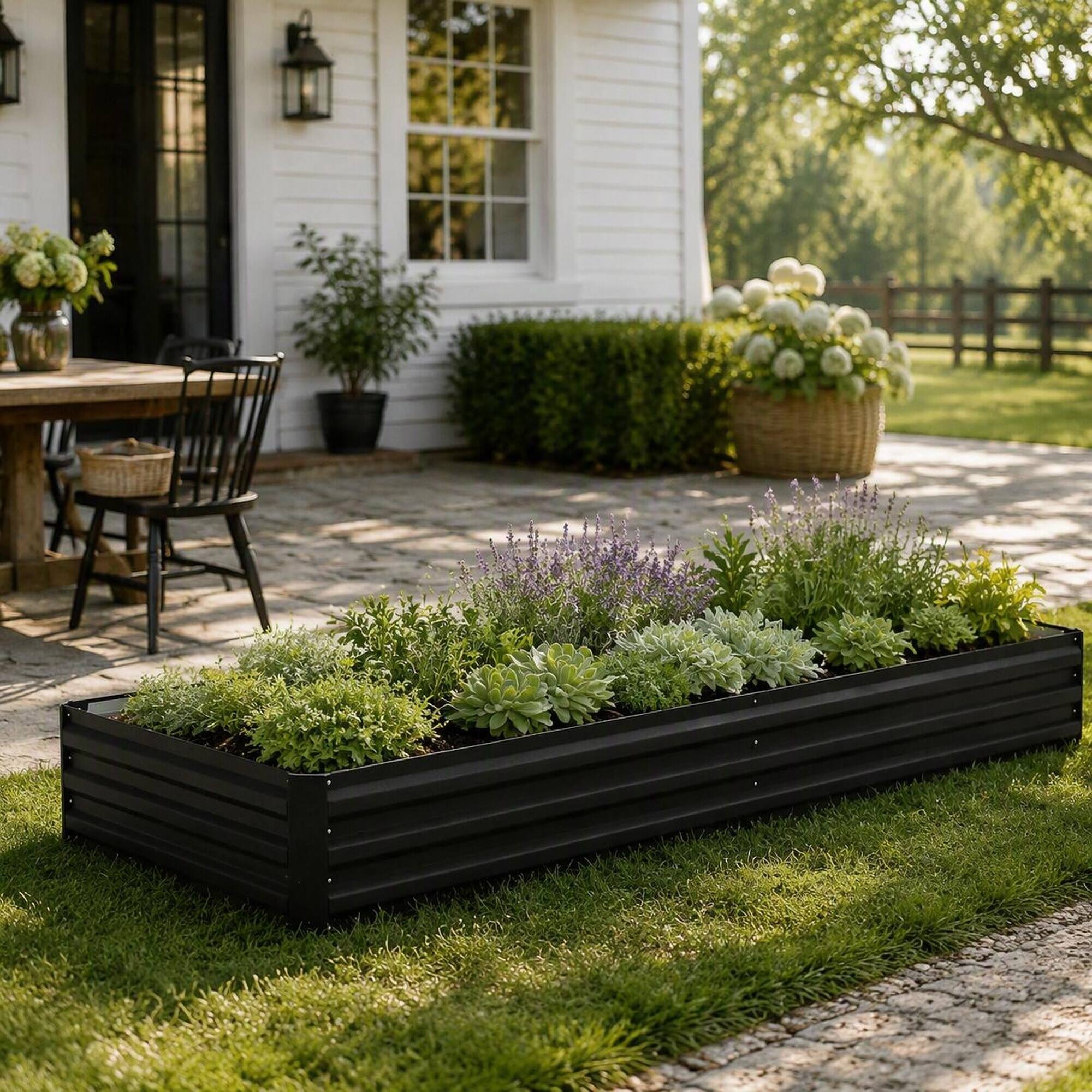 Left. RYHNUYNE - Galvanized Steel Raised Garden Bed 95x35.75x11.75 Inch Black Metal Planter Box for Vegetables Flowers - Black.