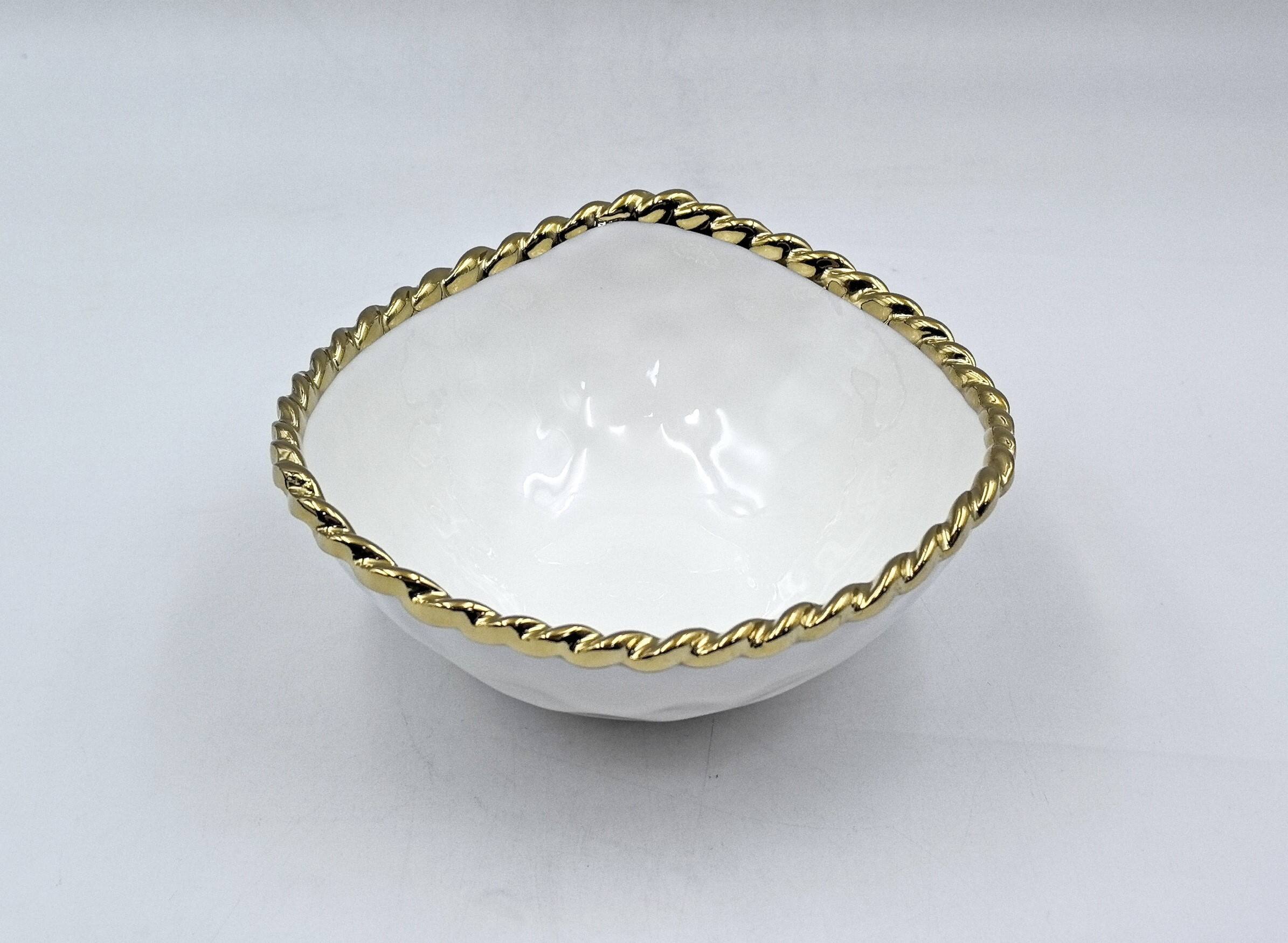 Jiallo - 6.5" Contemporary Gold Rope Medium Bowl – Modern Decorative Serving Bowl with Rope‑Style Rim - White