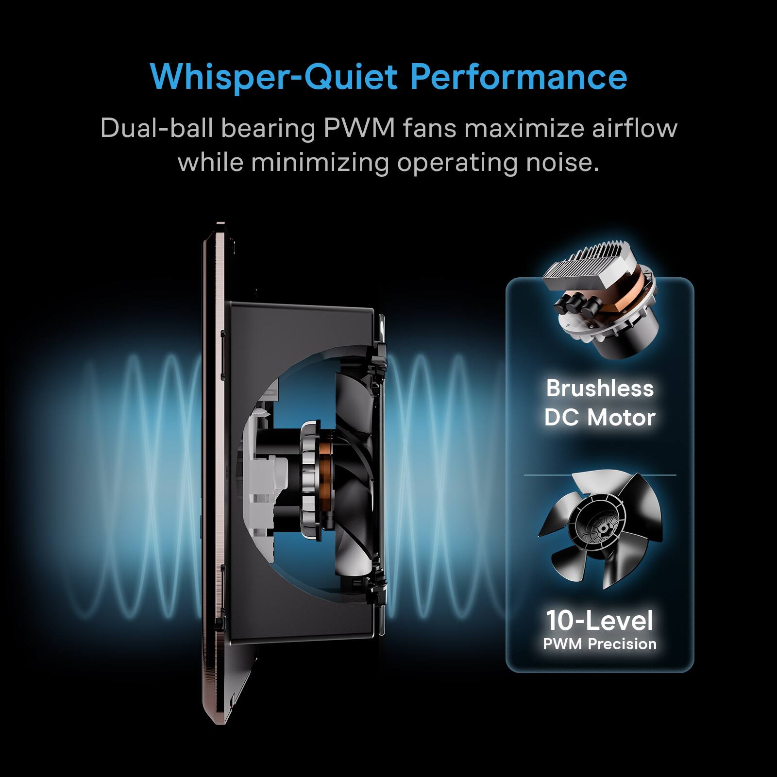 Whisper-Quiet Performance  
Dual-ball bearing PWM fans maximize airflow while minimizing operating noise.  
Brushless DC Motor  
10-Level PWM Precision