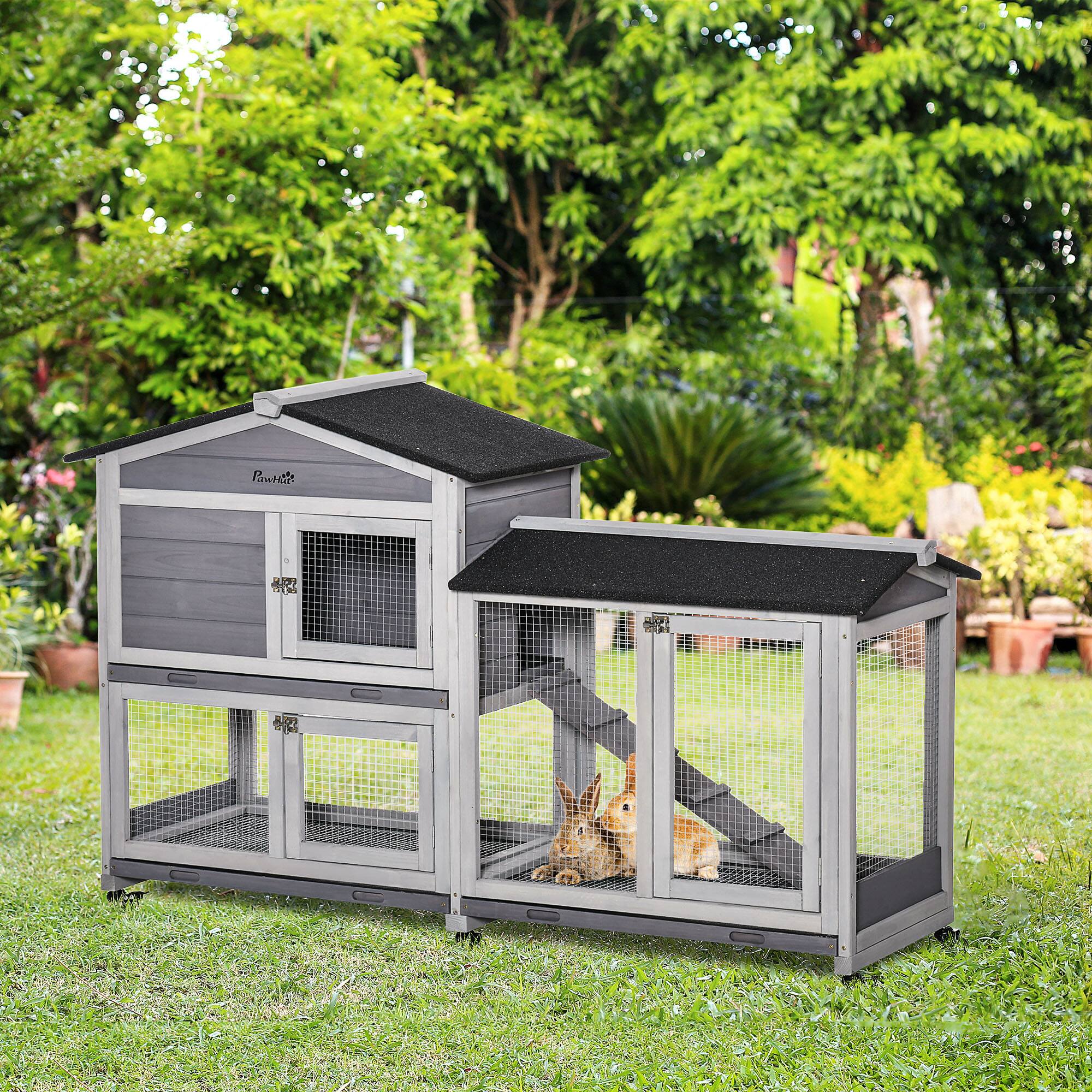 Angle. Pawhut - 62" Rabbit Hutch, Animal Enclosure with Wheels, Run Area, Removable Tray, Asphalt Roof, Lockable Doors, Ramp.