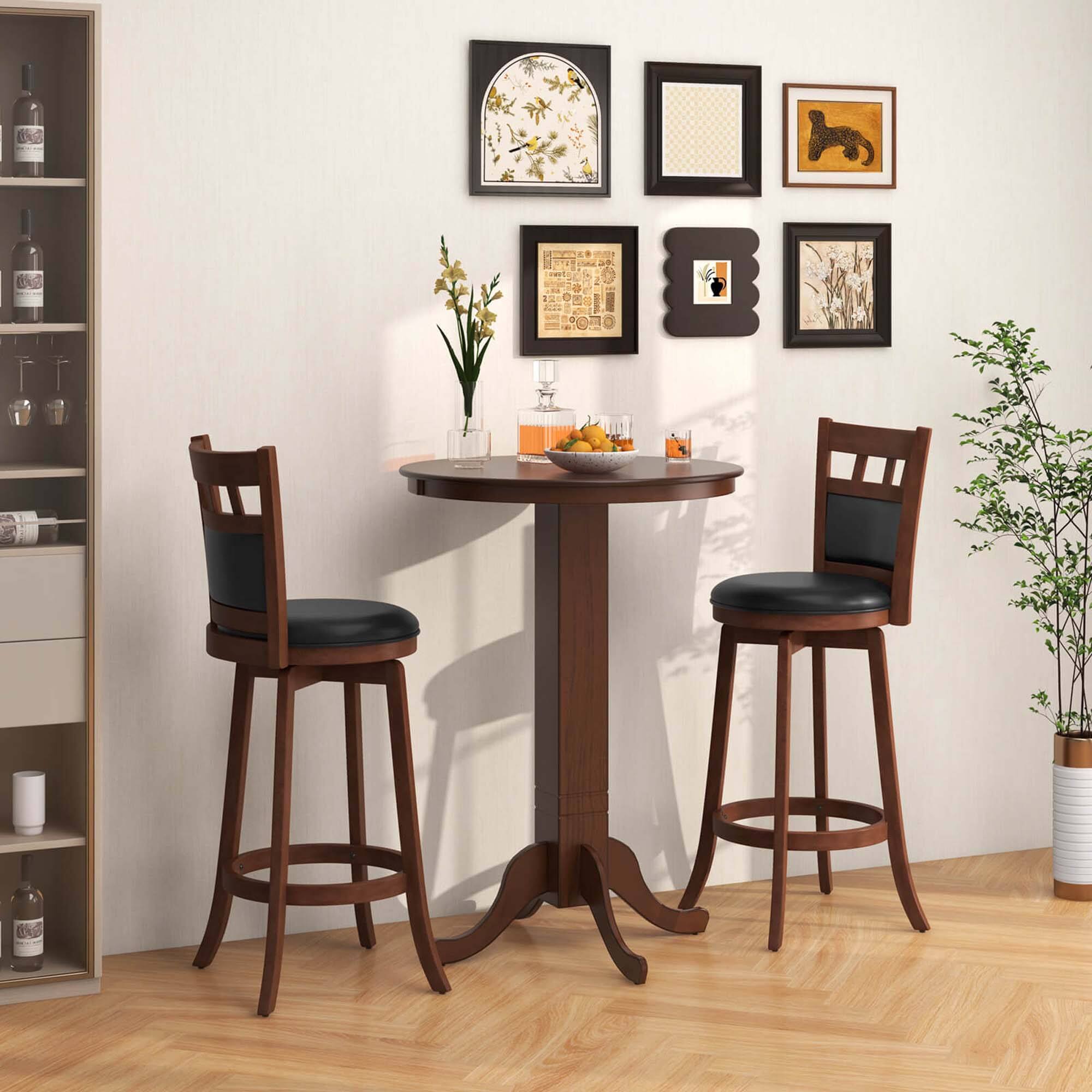 Alt View 3. Costway - Costway 3 PCS Wood Bar Dining Set Table with Pedestal Base & 2 Upholstered Swivel Stools - Brown.