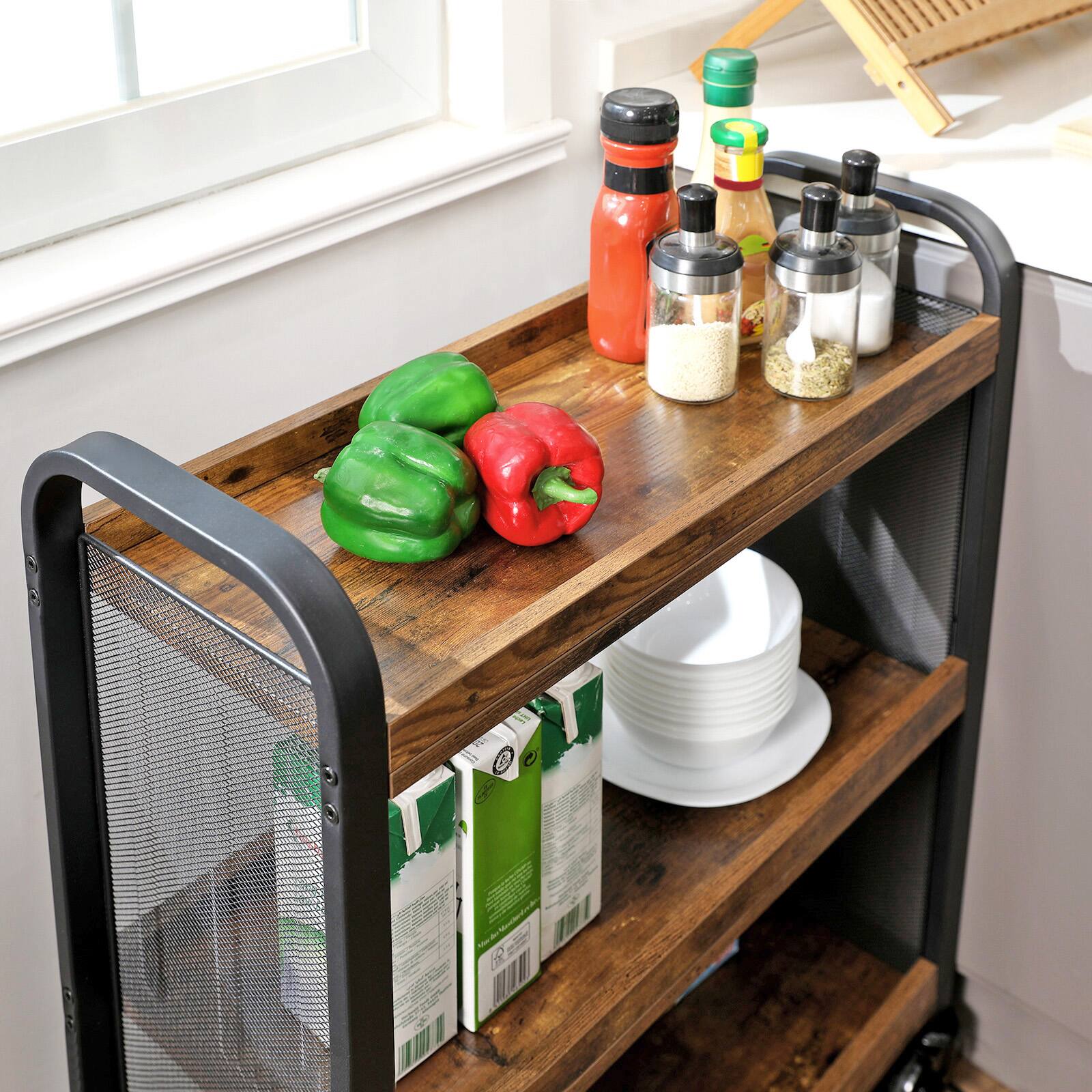 Alt View 1. Songmics Home - 3-Tier Narrow Storage Cart, Rolling Cart with Wheels, Steel Frame, Slim Storage Cart for Kitchen, Dining Room - Rustic Brown and.