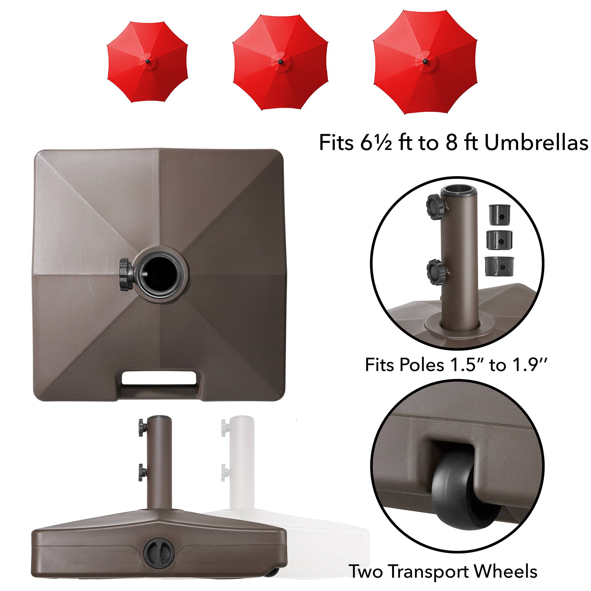 Fits 6½ ft to 8 ft Umbrellas  
Fits Poles 1.5" to 1.9"  
Two Transport Wheels