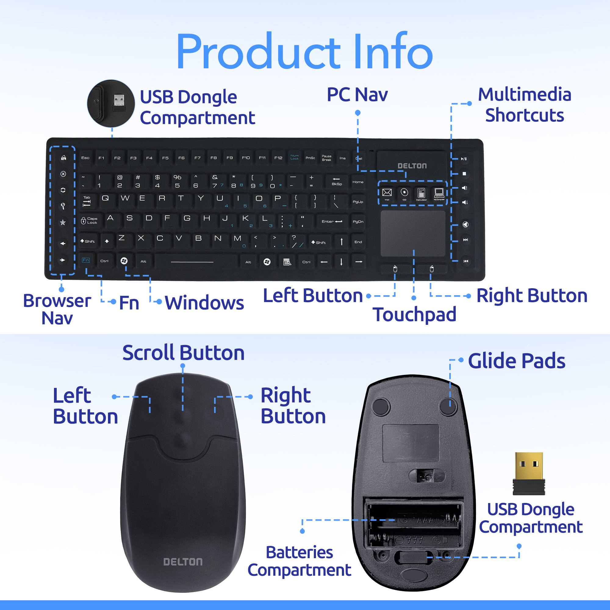 Product Info

USB Dongle Compartment

PC Nav

Multimedia Shortcuts

Browser Fn

Windows

Left Button

Right Button

Nav

Touchpad

Scroll Button

Left Button

Right Button

Glide Pads

Batteries Compartment

USB Dongle Compartment
