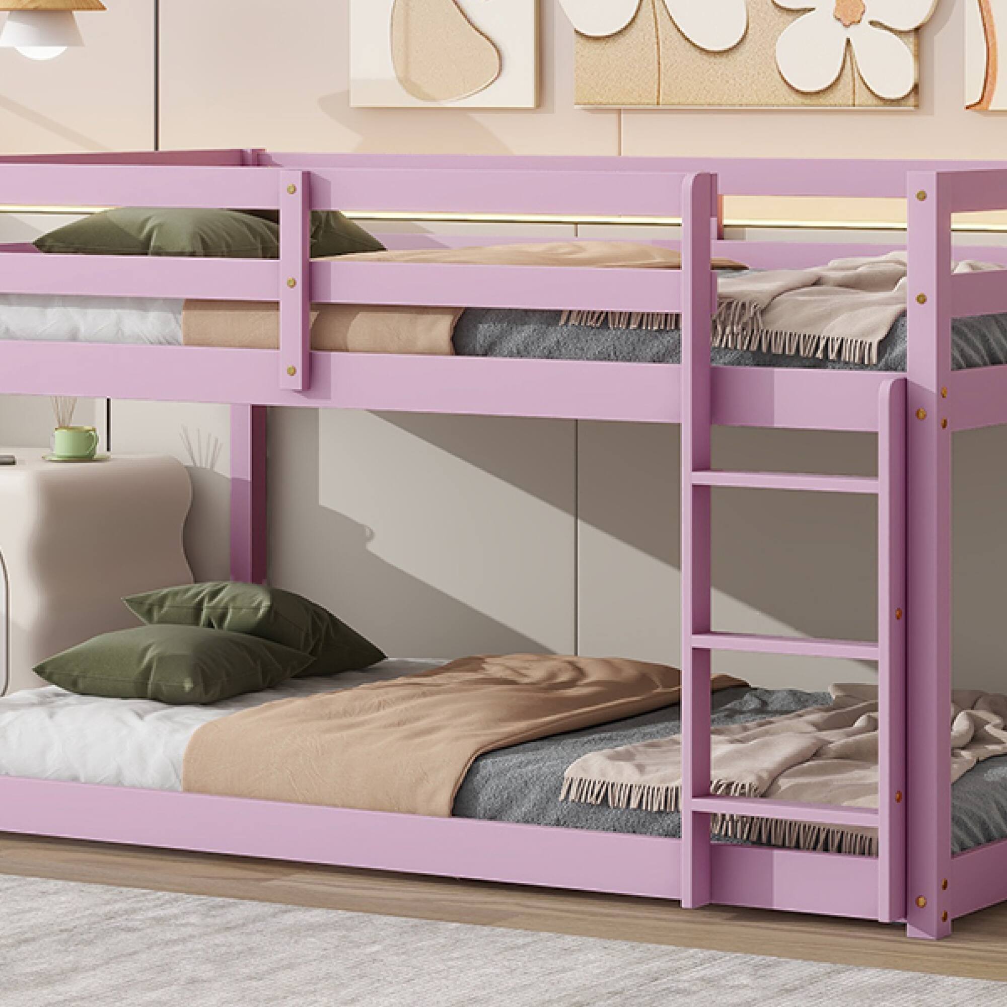 Alt View 8. GOODSILO - Solid Wood Twin Over Twin Floor Bunk Bed with Ladder and Strengthened Slats for Enhanced Stability - Pink.