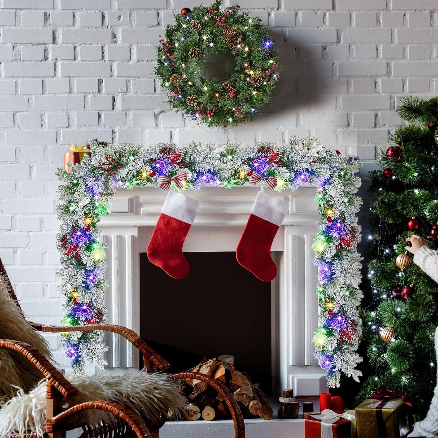 Alt View 3. Wikistore - WIKISTORE 9FT Battery Powered Christmas Garland with 50 LED Lights 9 Modes Red Berry Pine Cone - Green.