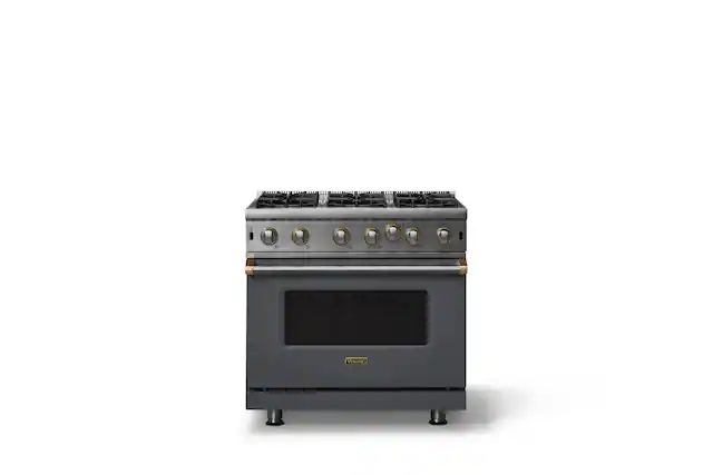 Front. Viking - 30"W. 5.1 Cu. Ft. Freestanding Self-Clean Open Burner Gas Convection Range - Cast Black w. Brushed Brass Trim - Cast Black.