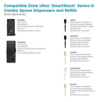 Sure, here is the corrected and grouped text:

**Compatible Dixie Ultra* SmartStock* Series-O Combo Spoon Dispensers and Refills (Sold Separately)**

- **SS5510**  
  Dixie Ultra* SmartStock* Mini Combo Spoon Dispenser, Series-O (Translucent Black, 1 Each)

- **SS551**  
  Dixie Ultra* SmartStock* Series-O Medium-Weight Polystyrene Plastic Combo Spoon Refill  
  24 Refills at 40 Count

- **SSPSH51**  
  Dixie Ultra* SmartStock* Series-O Heavy-Weight Polypropylene Plastic Combo Spoon Refill  
  24 Refills at 40 Count

- **SS11B**  
  Dixie Ultra* SmartStock* Series-O Bio-Blend Plastic Combo Spoon Refill  
  24 Refills at 40 Count

- **SSOUP11B**  
  Dixie Ultra* SmartStock* Series-O Bio-Blend Plastic Soup Spoon Refill  
  24 Refills at 40 Count

- **SSCS71**  
  Dixie Ultra* SmartStock* Series-O Medium-Weight