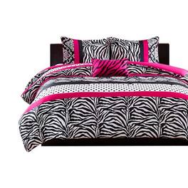 Gracie Mills - Morse 4-Piece Striped Damask and Zebra Printed Comforter Set - Pink