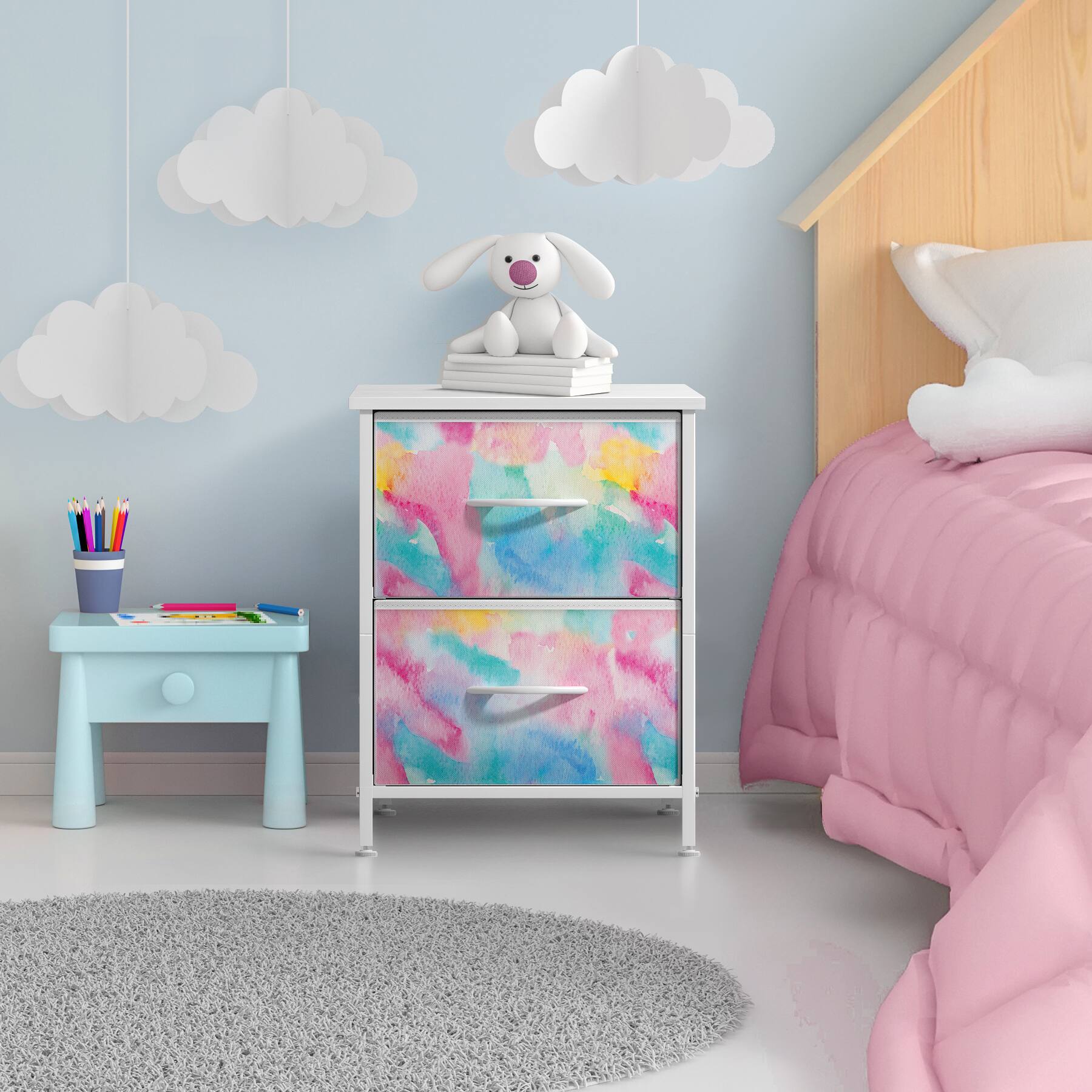 Alt View 1. Sorbus - Sorbus Nightstand with 2 Drawers, Kids Bedside Furniture End Table Night Stand, Steel Frame, Wood Top & Fabric Bins - Watermelon Tie-Dye.