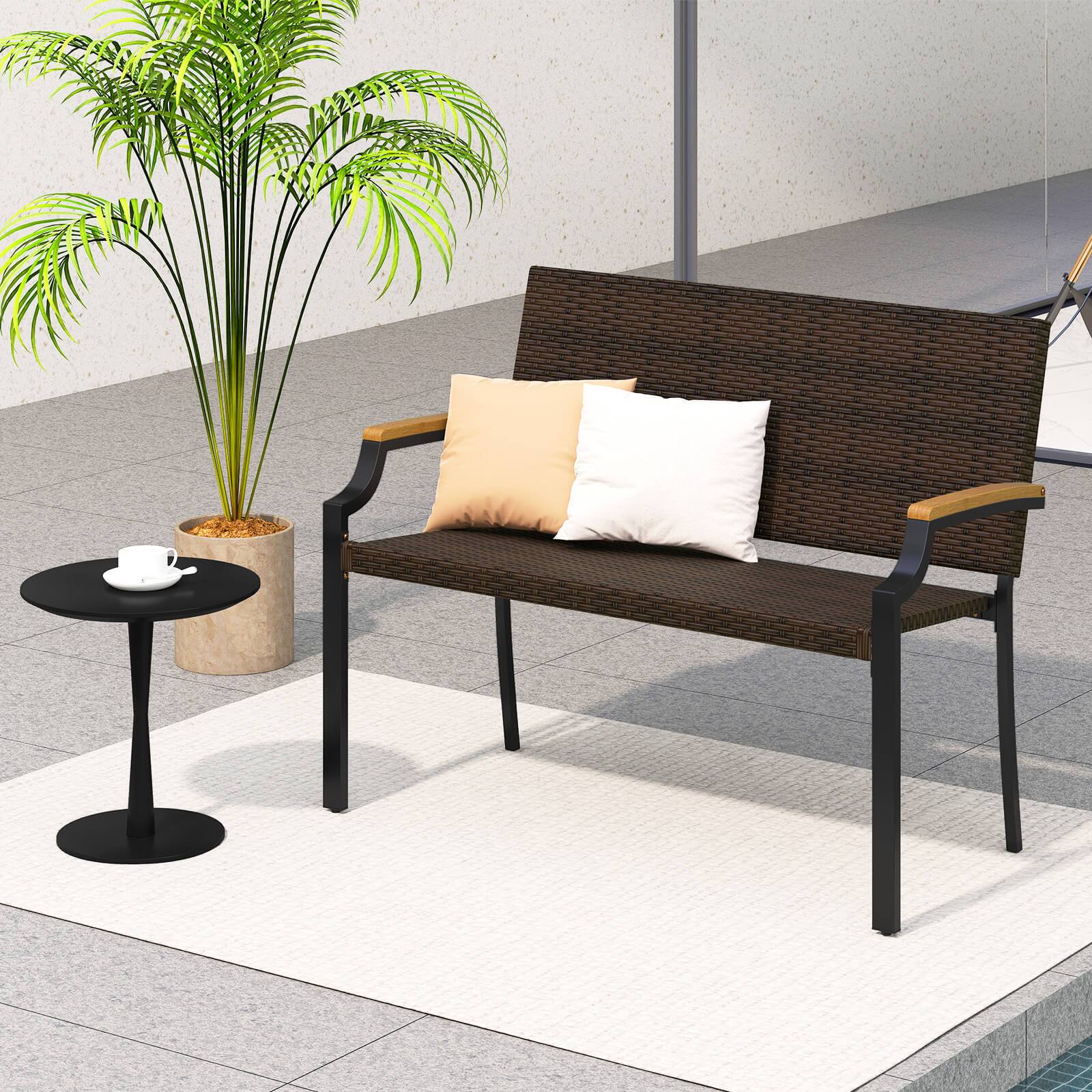 Alt View 3. Costway - Costway 1 PCS Patio Wicker Loveseat Chair with Acacia Wood Armrests & Metal Frame for Backyard - Brown.