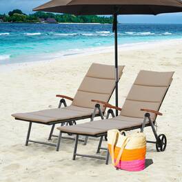 Gymax - 2 PCS Folding Patio Rattan Lounge Chair Chaise Cushioned Aluminum Adjust Wheel - as pics