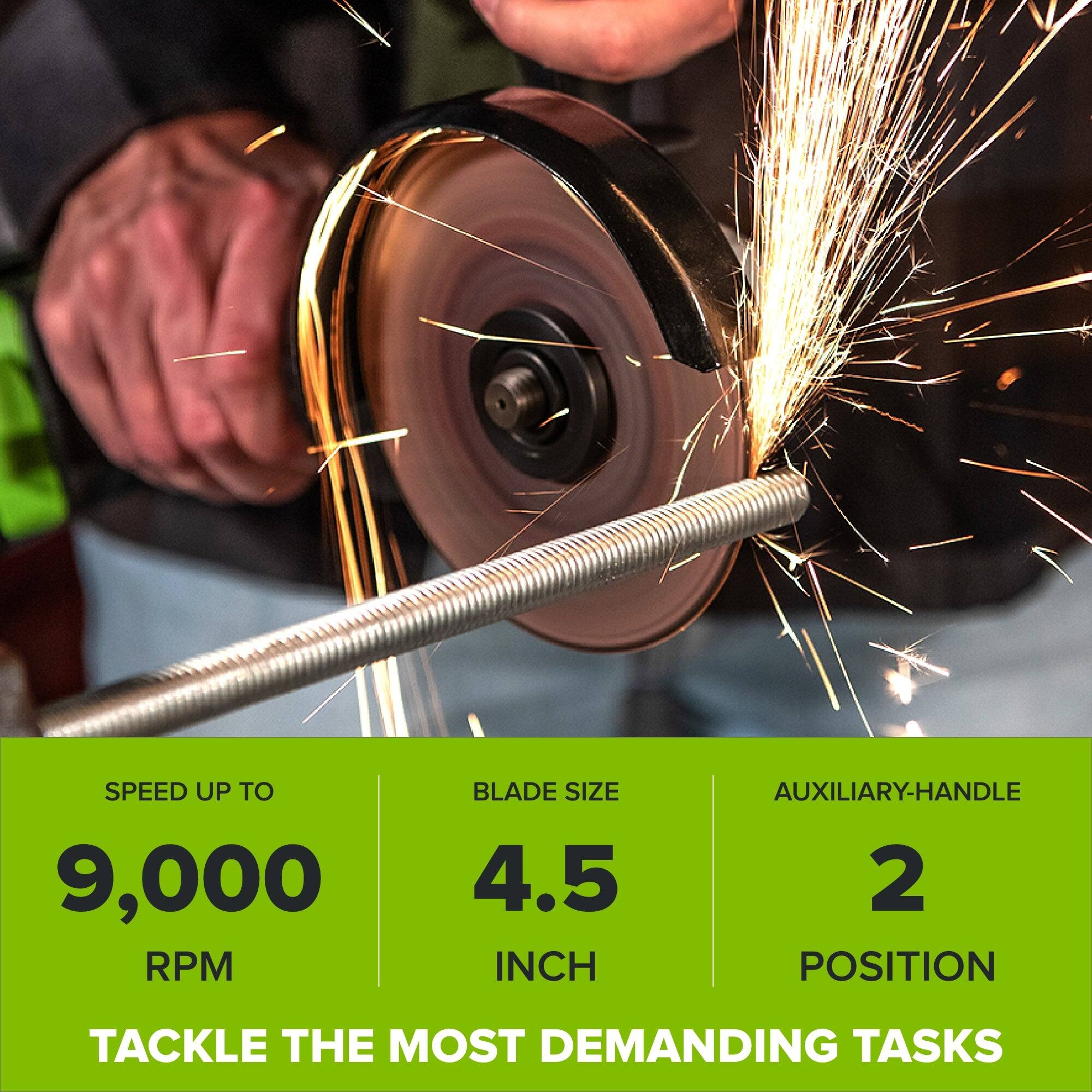 SPEED UP TO 9,000 RPM  
BLADE SIZE 4.5 INCH  
AUXILIARY-HANDLE 2 POSITION  
TACKLE THE MOST DEMANDING TASKS