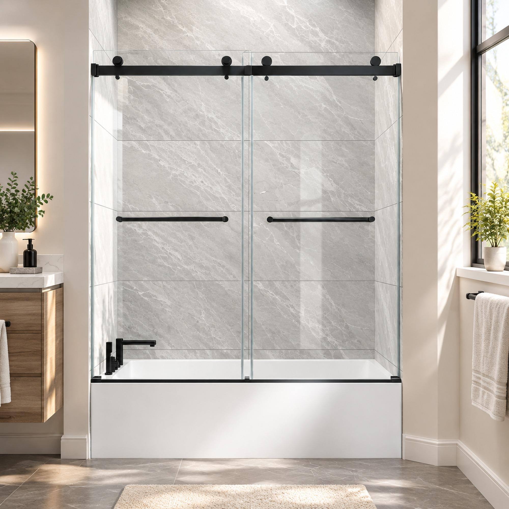 Front. RYHNUYNE - 55-60 In W X 60 In H Double Bypass Sliding Shower Door, 5/16 In Clear Tempered Glass With Nano Film Matte Black Finish - Matte Black.